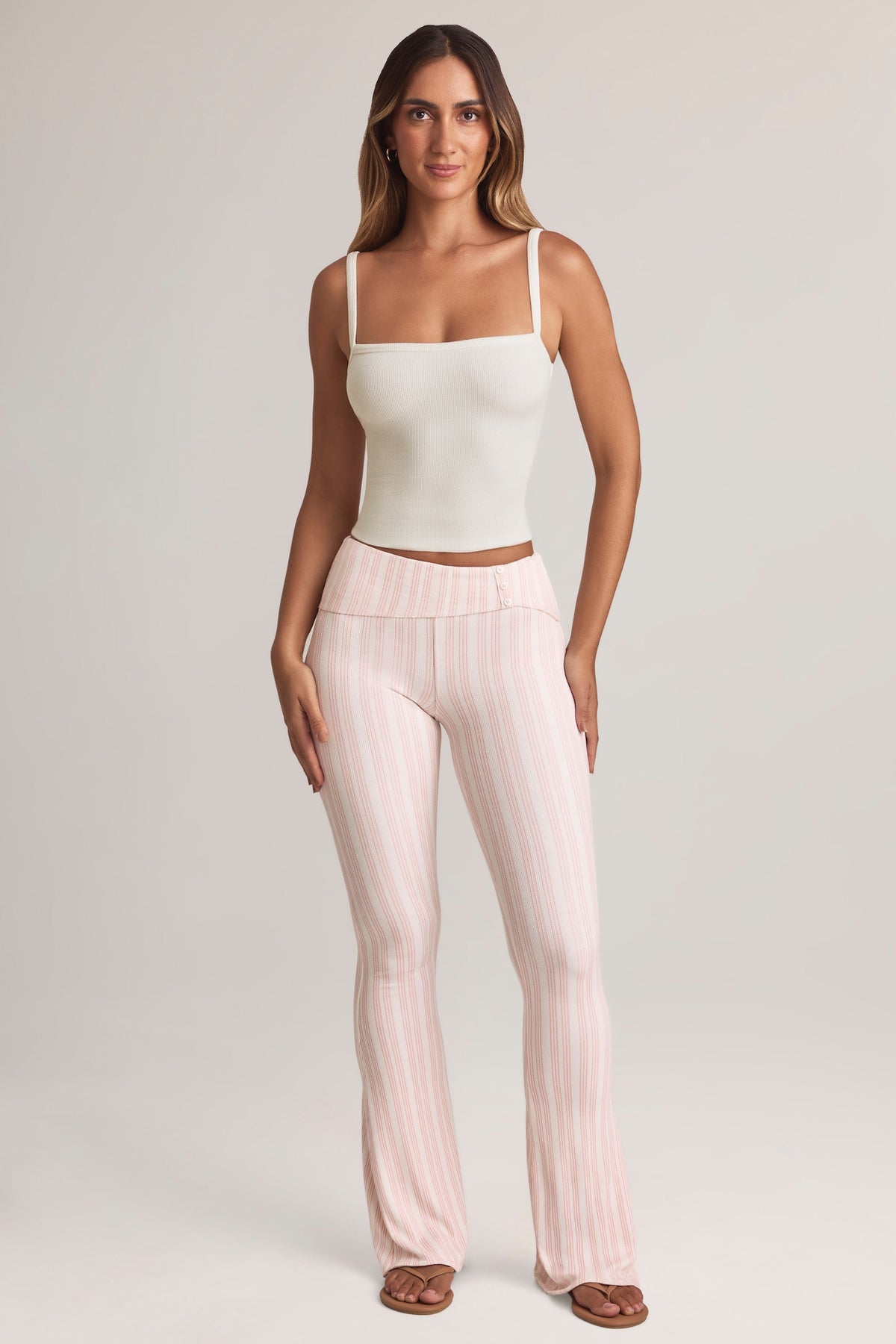 Belavie Beba Modal Foldover Mid-Rise Flared Trousers in Stripe Print