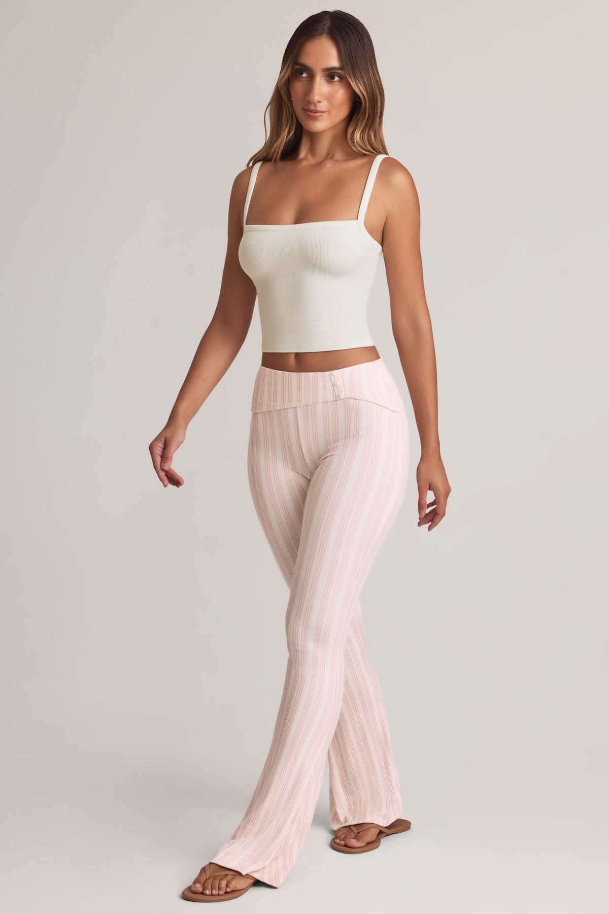Belavie Beba Modal Foldover Mid-Rise Flared Trousers in Stripe Print