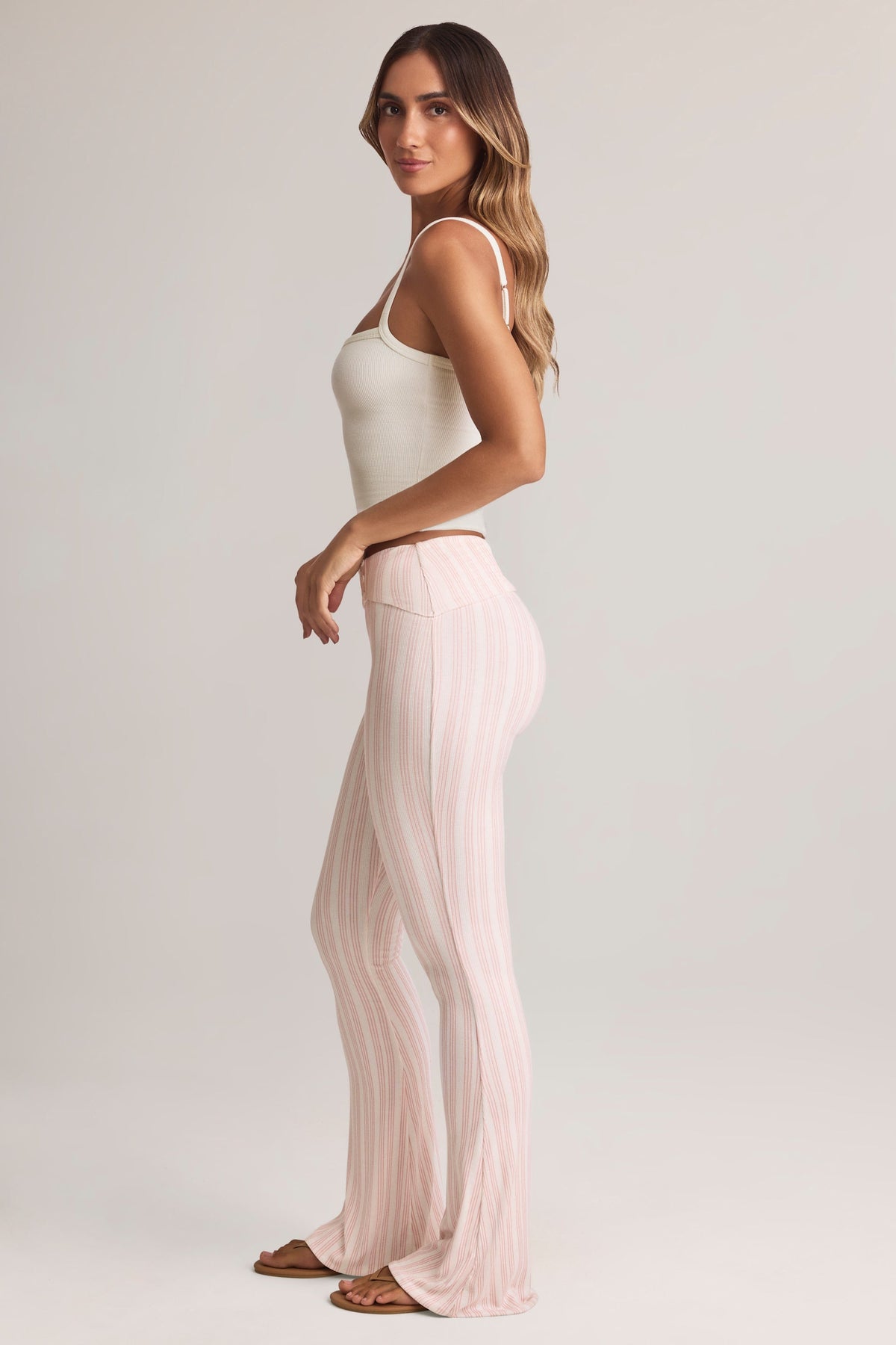 Belavie Beba Modal Foldover Mid-Rise Flared Trousers in Stripe Print