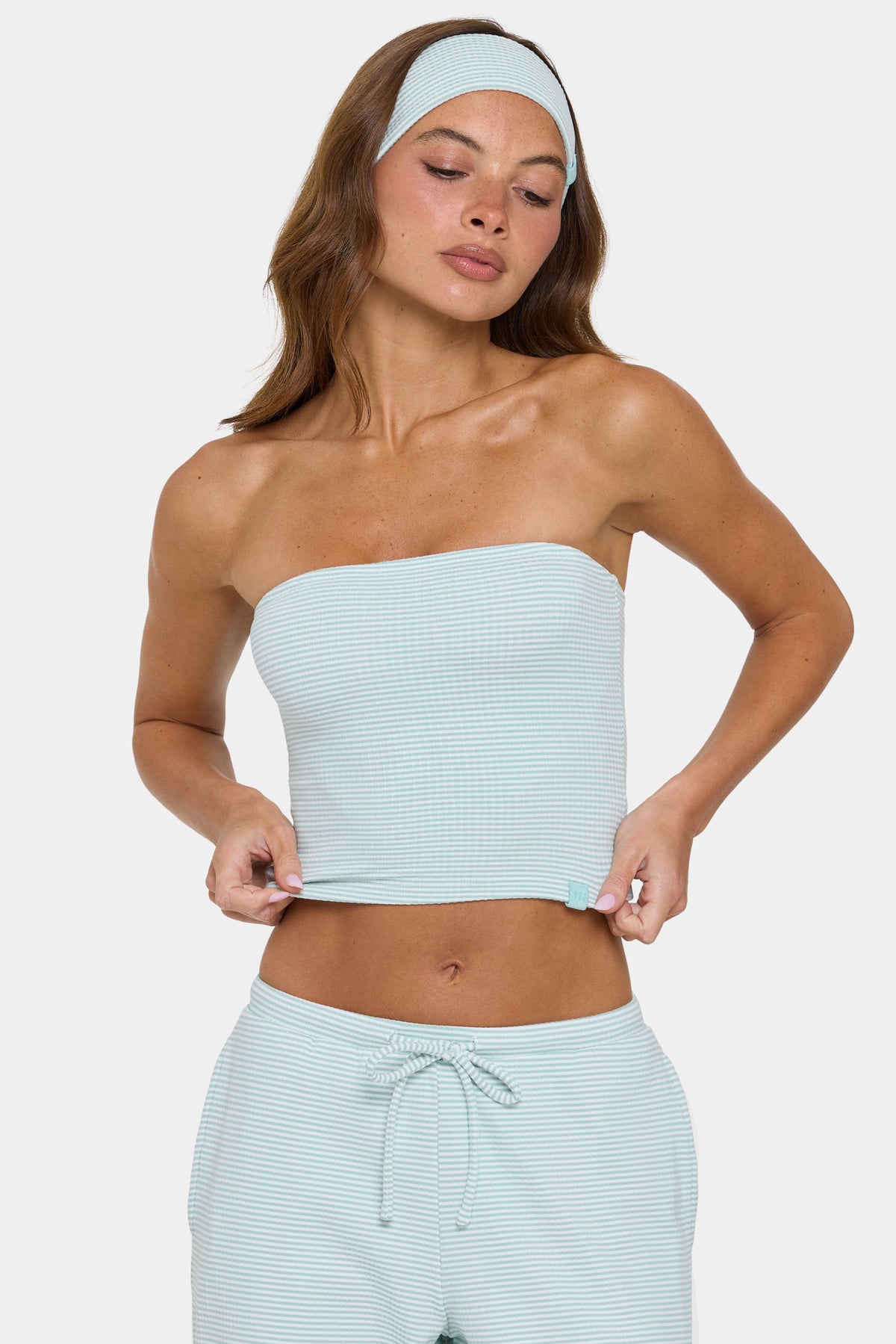 Belavie Ribbed Jersey Bandeau Top in Mint Stripe