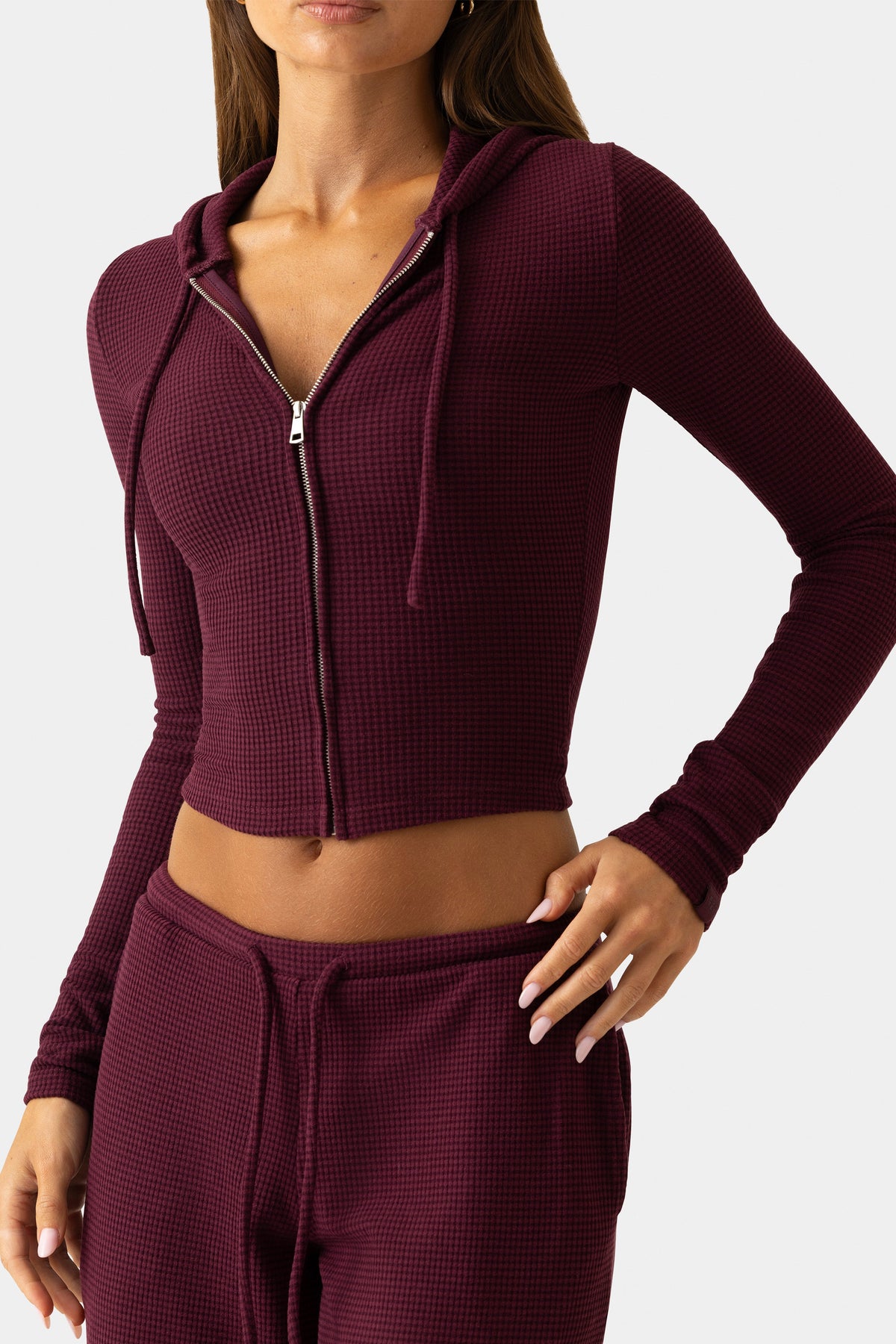 Belavie Ribbed Jersey Cropped Hoodie in Plum