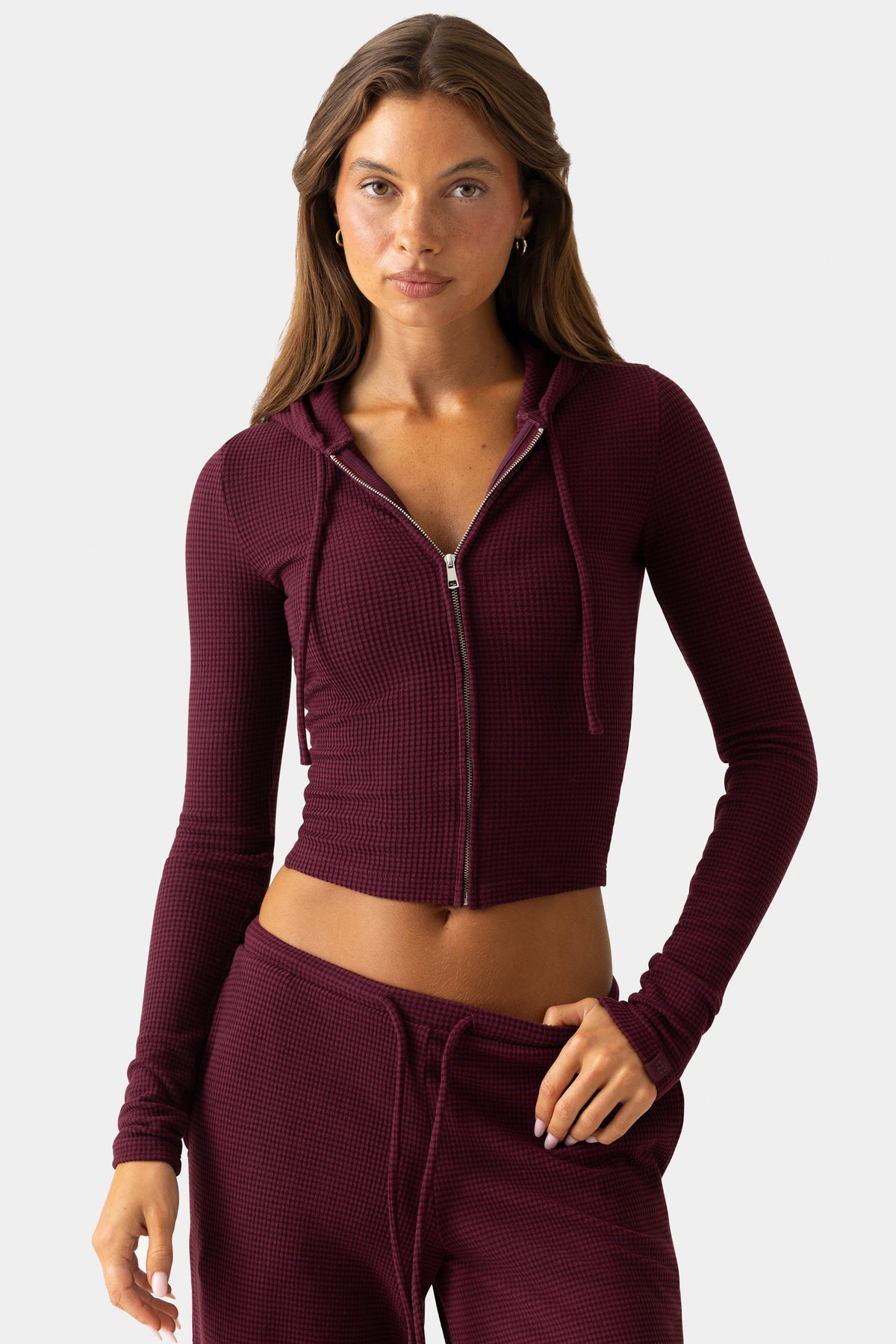 Belavie Ribbed Jersey Cropped Hoodie in Plum