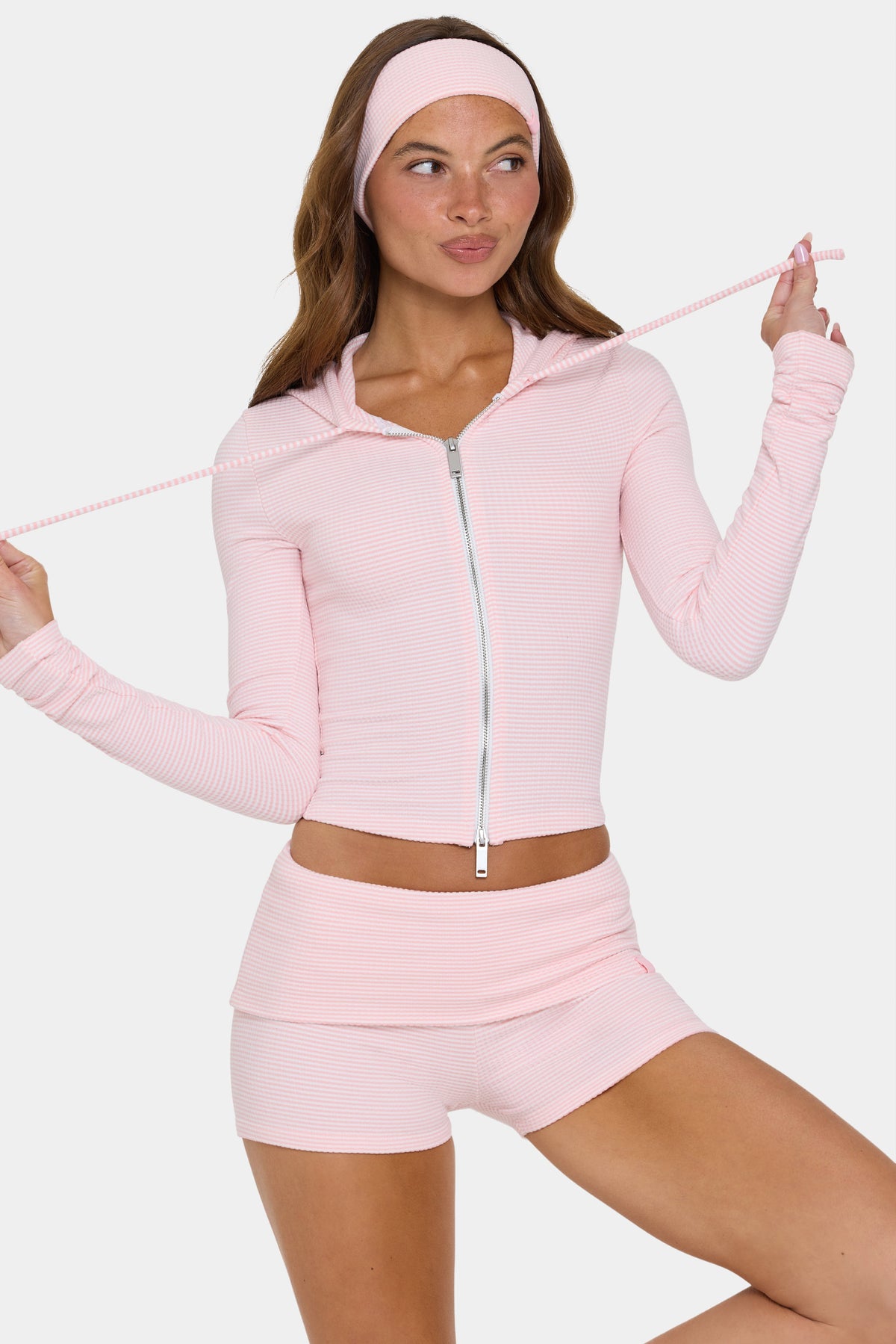 Belavie Ribbed Jersey Cropped Hoodie in Peach Stripe