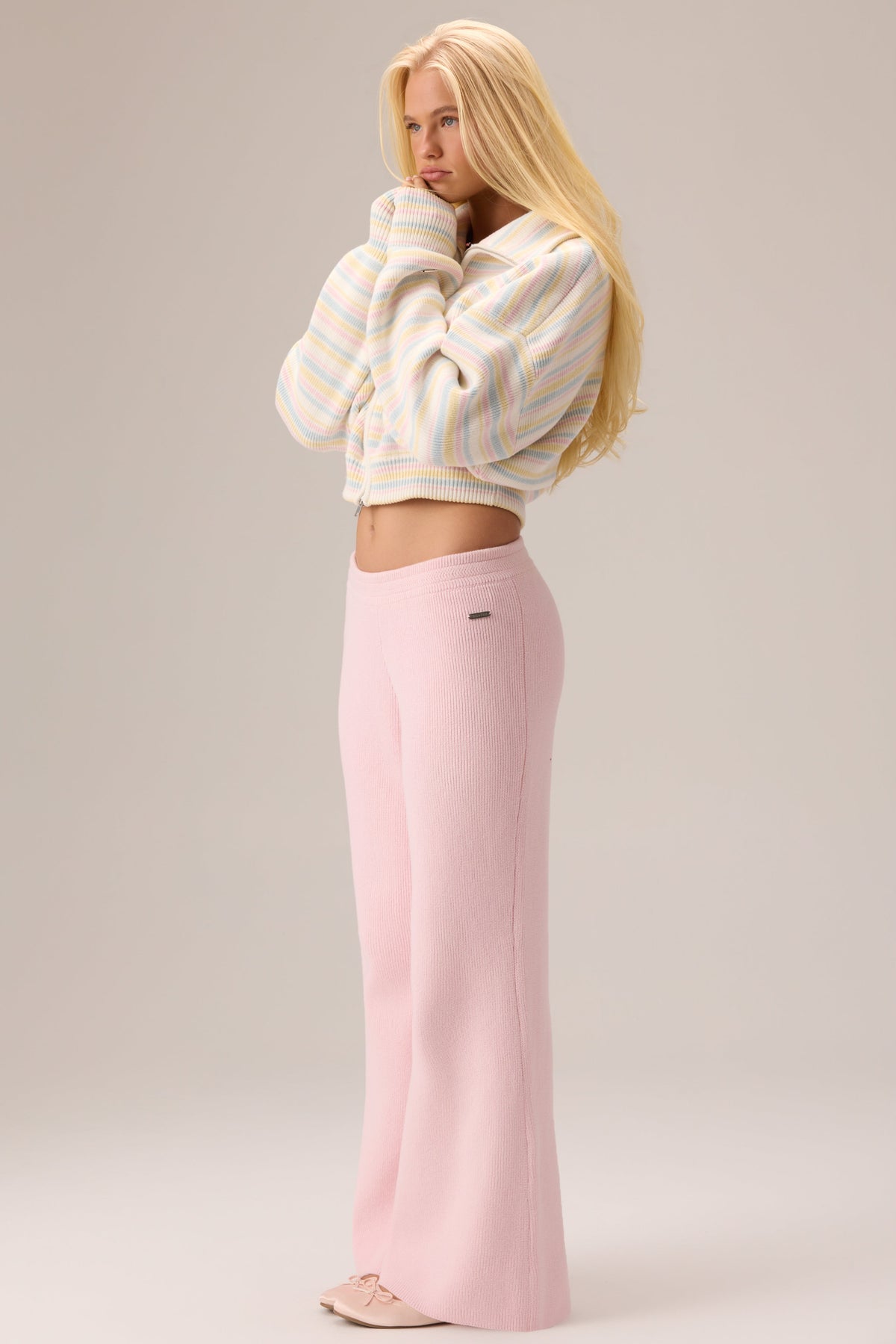 Belavie Ribbed Knit Zip-Up Sweatshirt in Confetti Stripe
