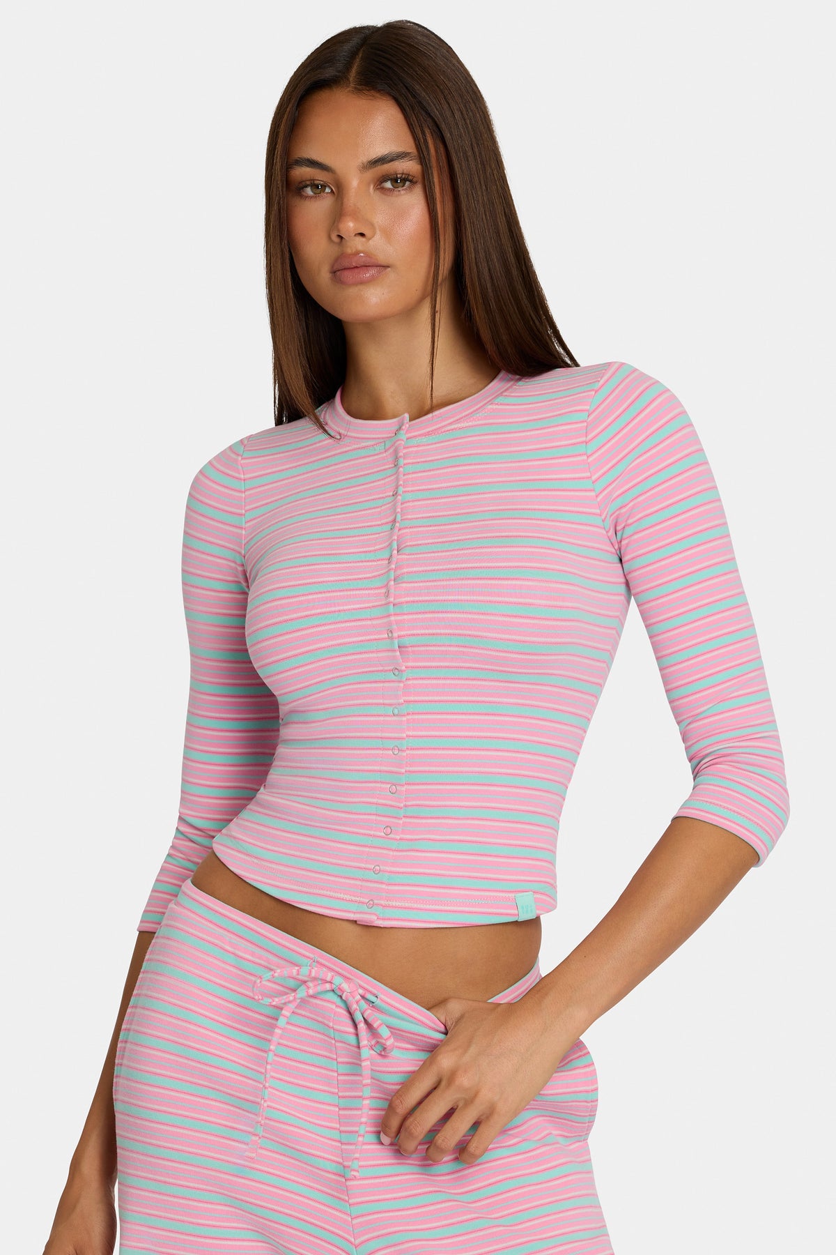 Belavie Brushed Jersey Crewneck Cardigan in Multi Stripe
