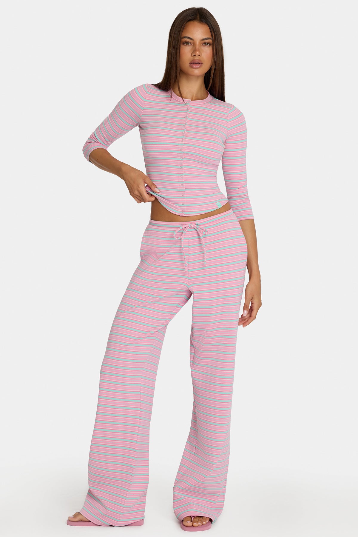 Belavie Brushed Jersey Low-Rise Trousers in Multi Stripe