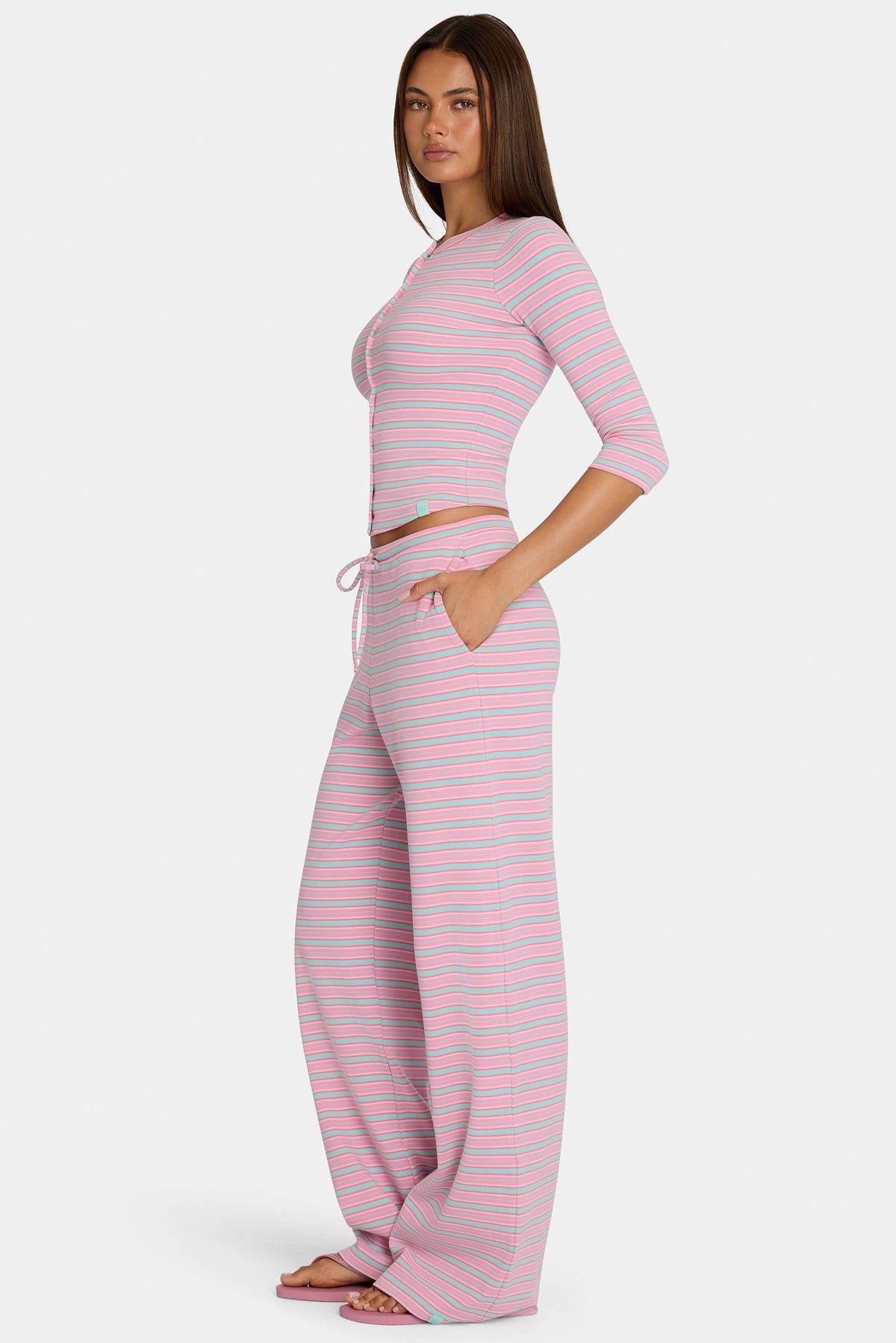 Belavie Brushed Jersey Low-Rise Trousers in Multi Stripe