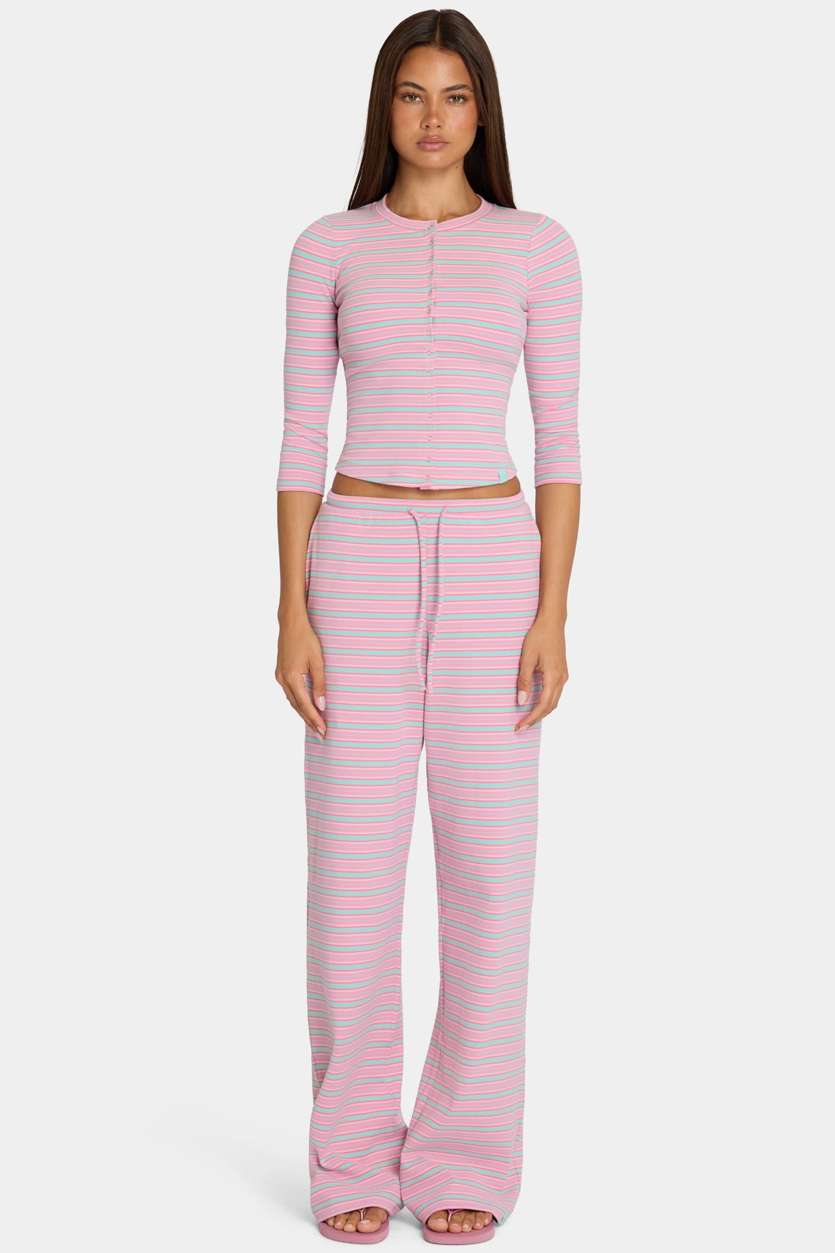 Belavie Brushed Jersey Low-Rise Trousers in Multi Stripe