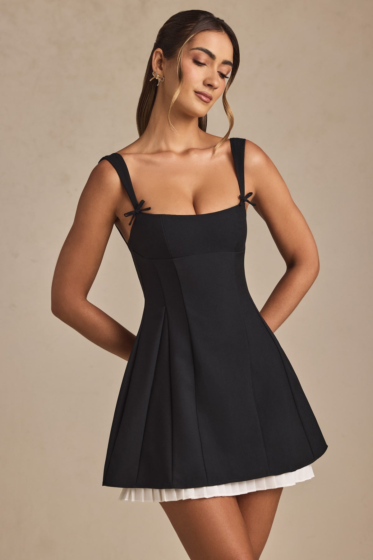 Belavie Cresside Bow-Detail Pleated A-Line Mini Dress in Black