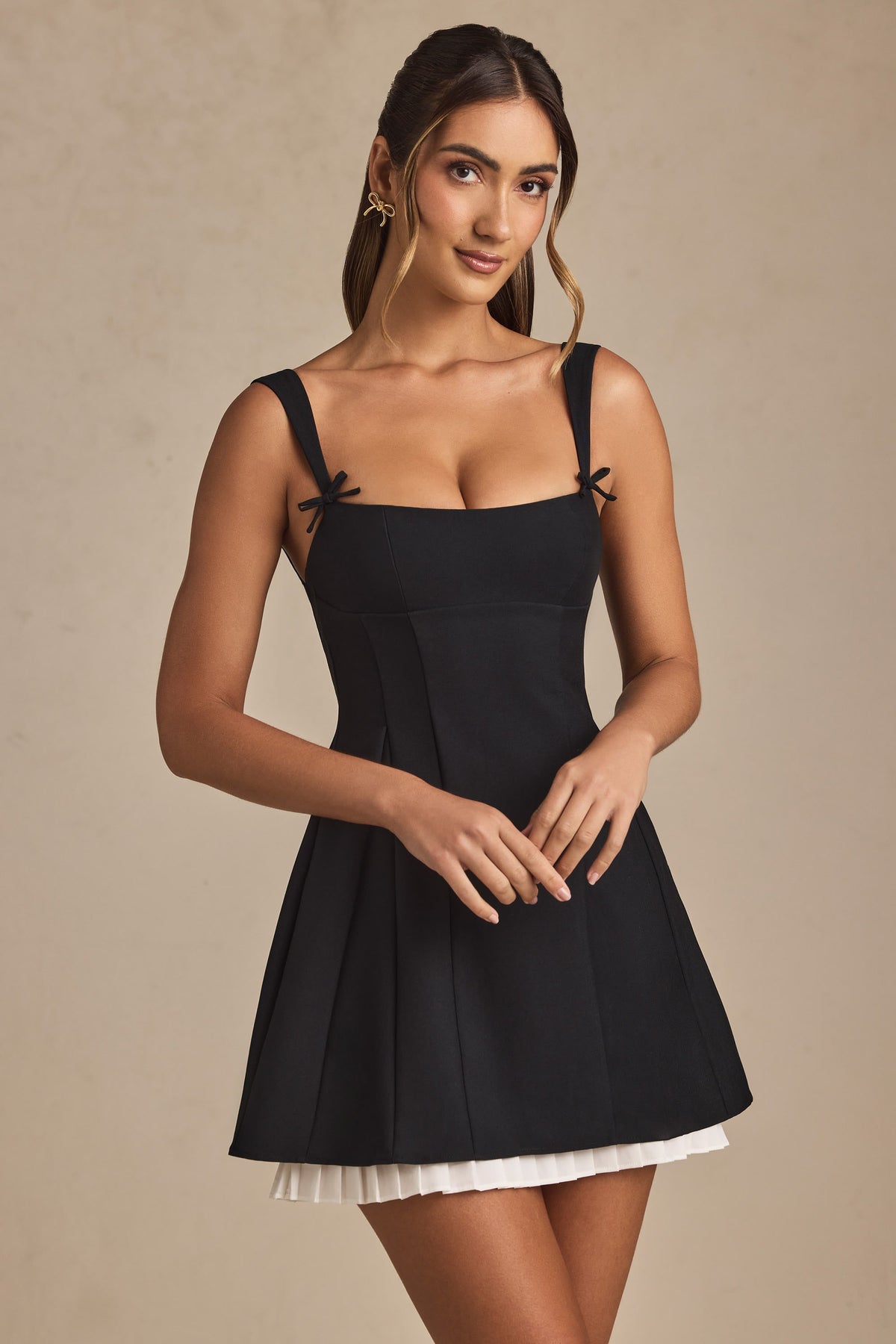 Belavie Cresside Bow-Detail Pleated A-Line Mini Dress in Black