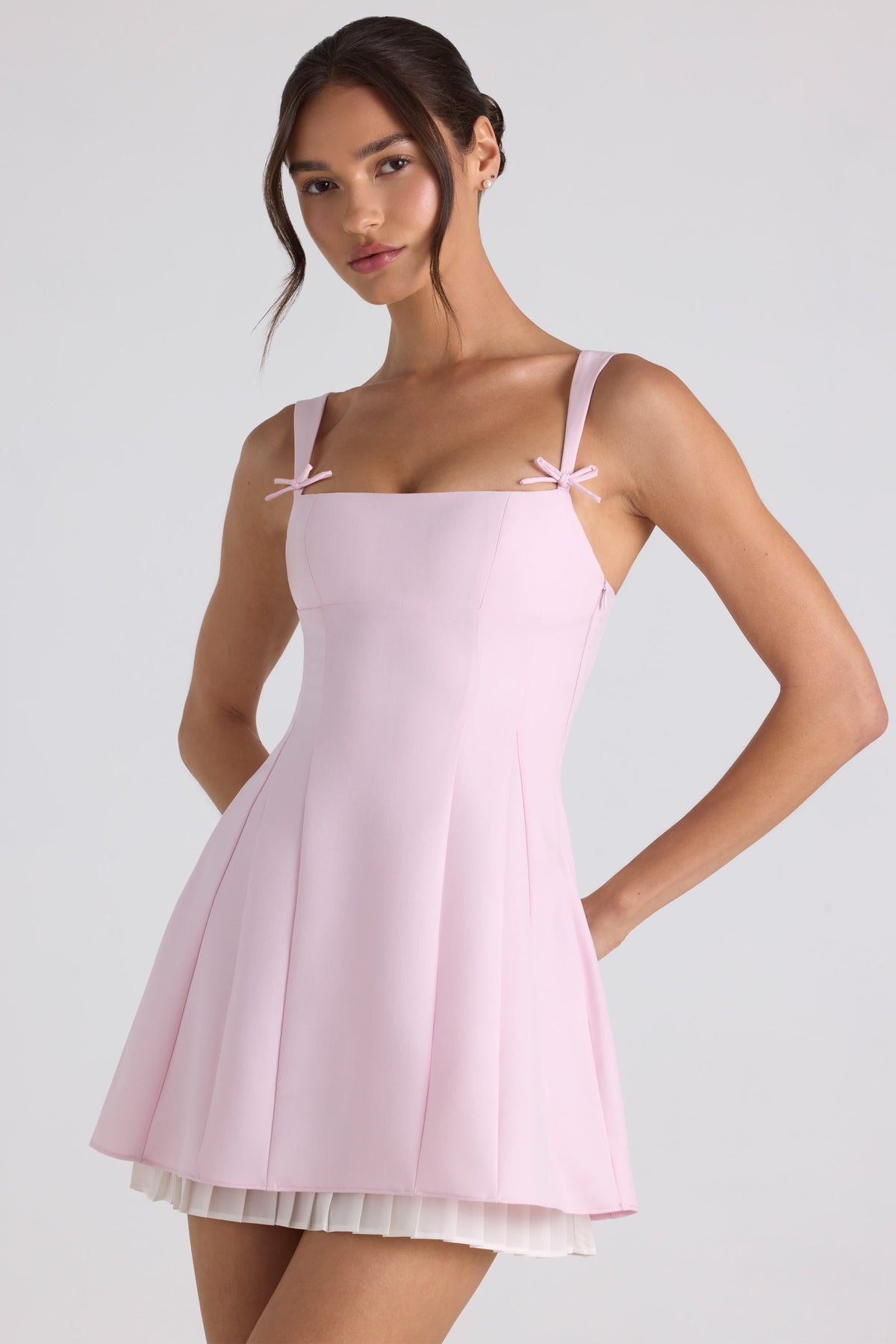 Belavie Cresside Bow-Detail Pleated A-Line Mini Dress in Soft Pink
