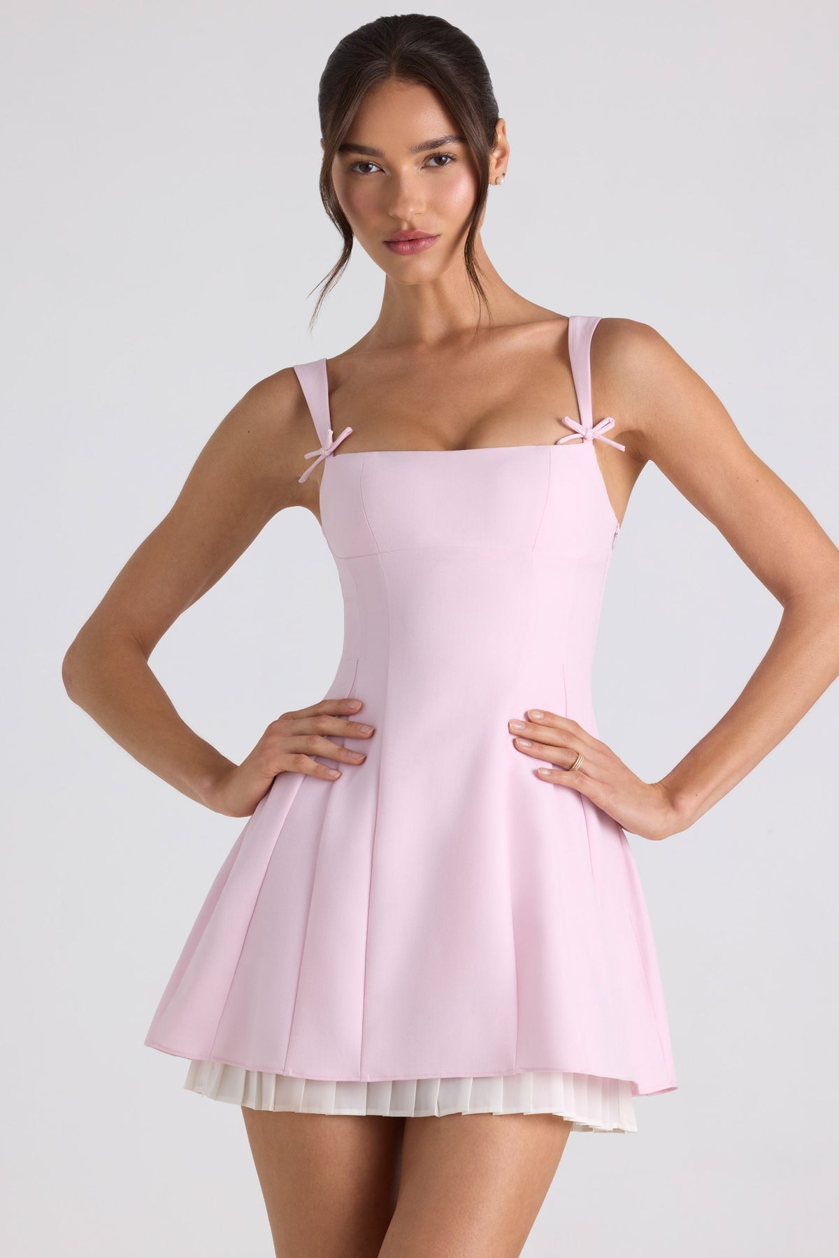 Belavie Cresside Bow-Detail Pleated A-Line Mini Dress in Soft Pink