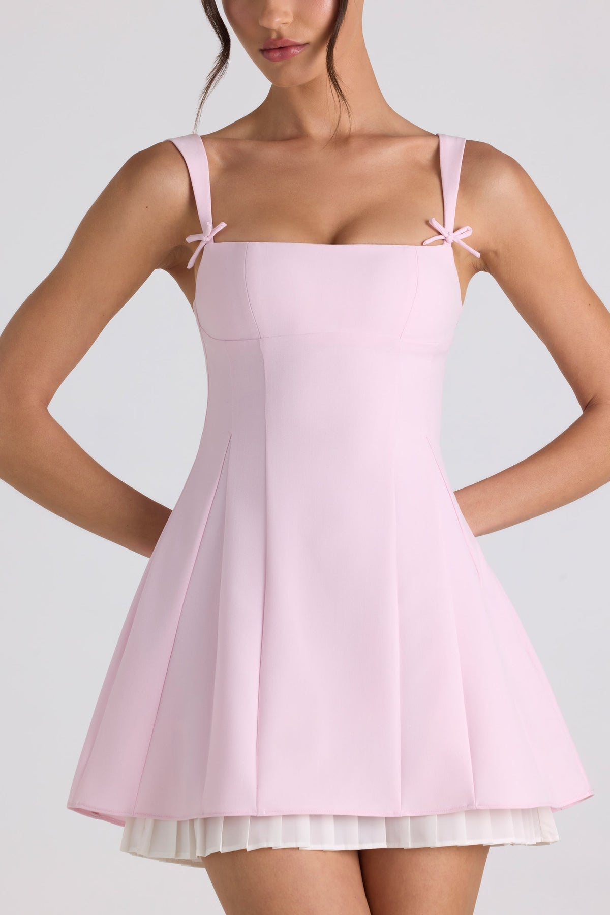 Belavie Cresside Bow-Detail Pleated A-Line Mini Dress in Soft Pink