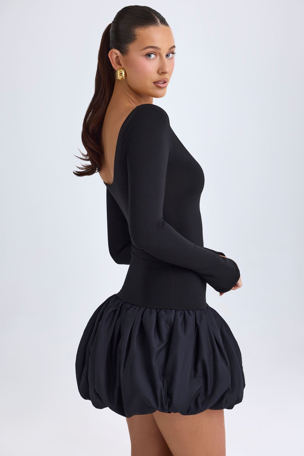 Belavie Delphe Modal Scoop-Neck Drop-Waist Bubble Hem Mini Dress in Black