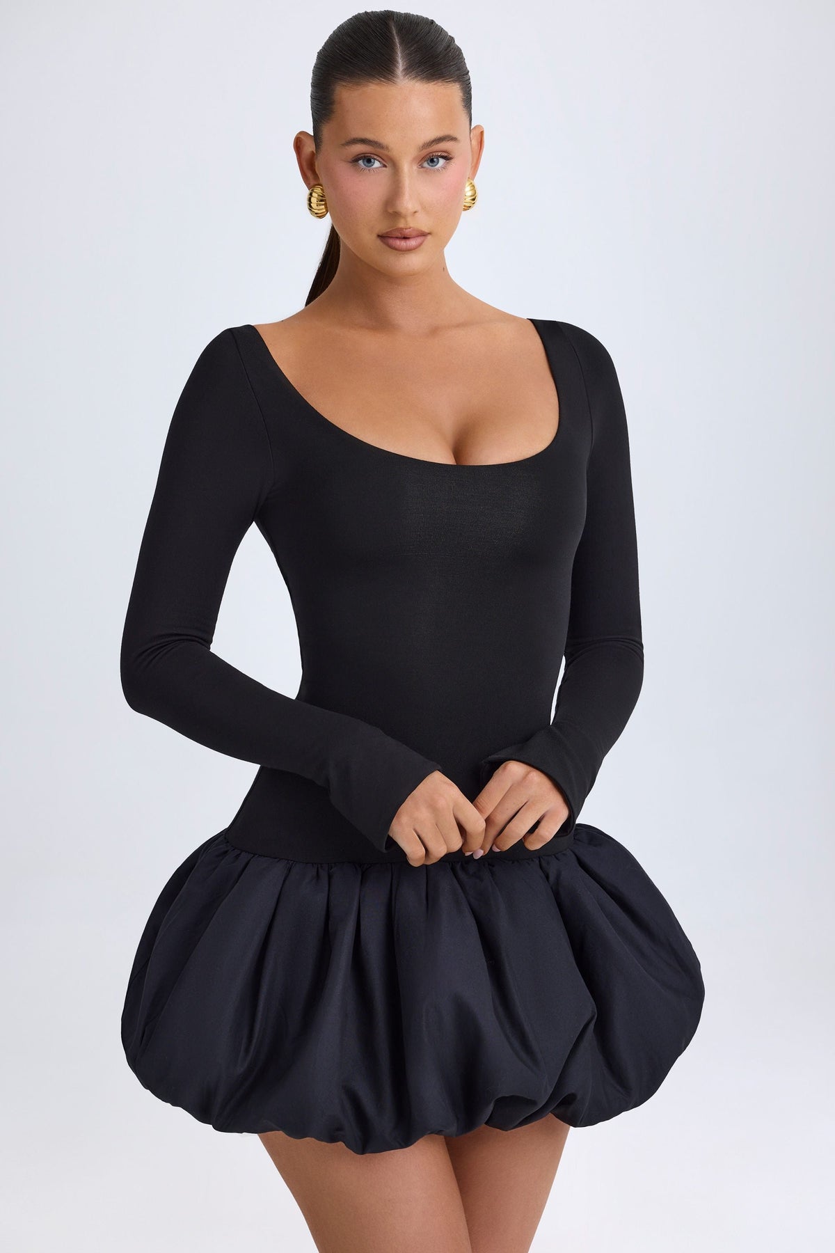 Belavie Delphe Modal Scoop-Neck Drop-Waist Bubble Hem Mini Dress in Black