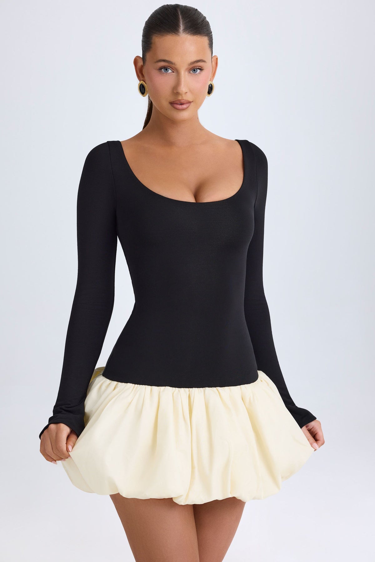 Belavie Delphe Modal Scoop-Neck Drop-Waist Bubble Hem Mini Dress in Vanilla
