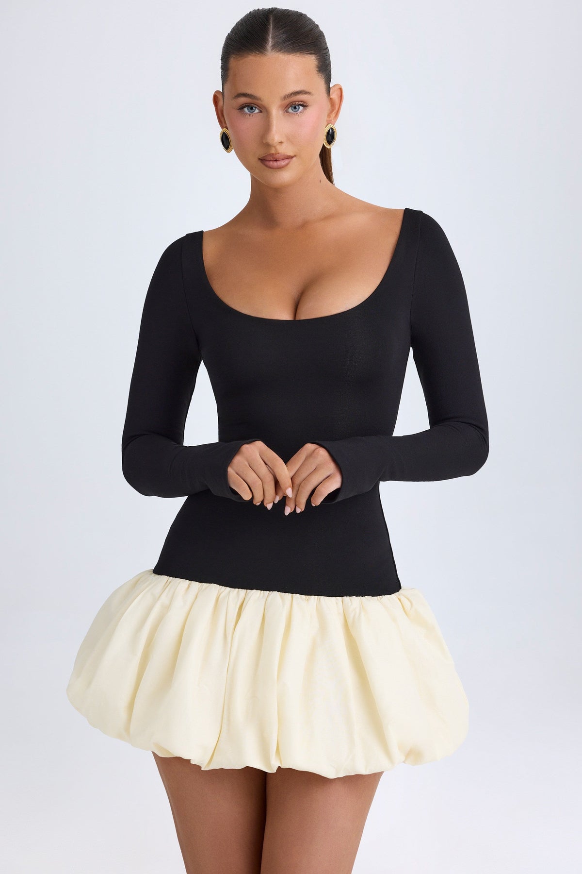 Belavie Delphe Modal Scoop-Neck Drop-Waist Bubble Hem Mini Dress in Vanilla