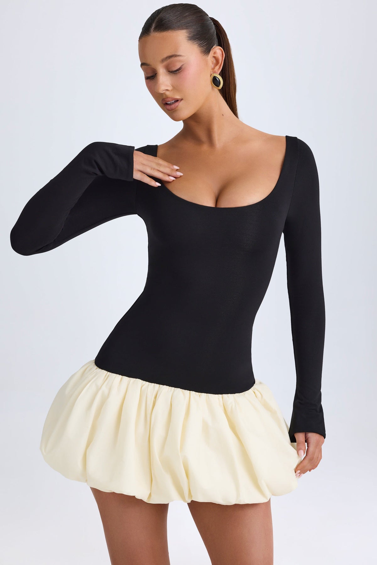 Belavie Delphe Modal Scoop-Neck Drop-Waist Bubble Hem Mini Dress in Vanilla