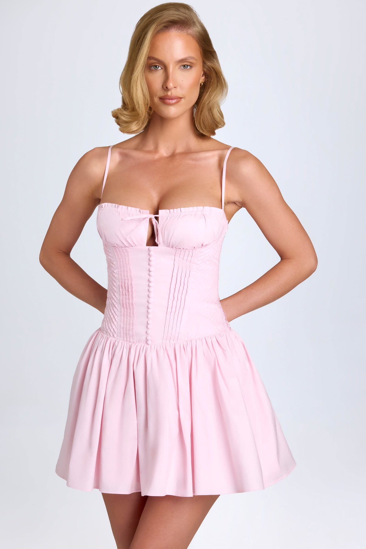 Belavie Dorothee Pintucked Shirred Mini Dress in Blush