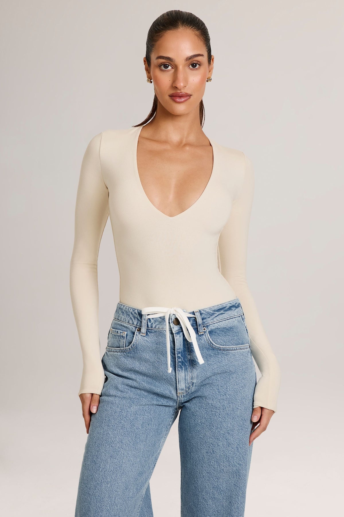 Belavie Elodia Modal Plunge Long-Sleeve Bodysuit in Ivory