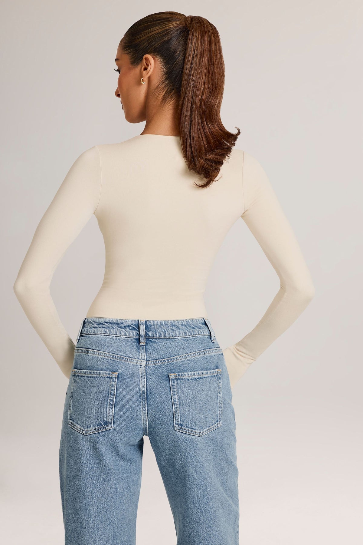 Belavie Elodia Modal Plunge Long-Sleeve Bodysuit in Ivory