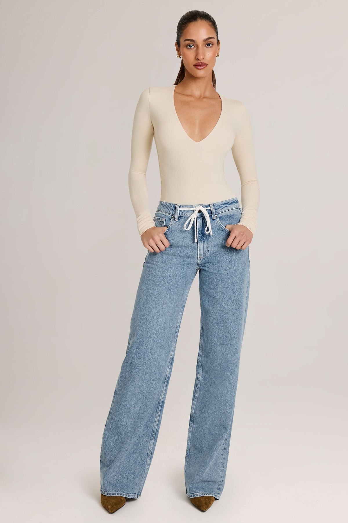 Belavie Elodia Modal Plunge Long-Sleeve Bodysuit in Ivory