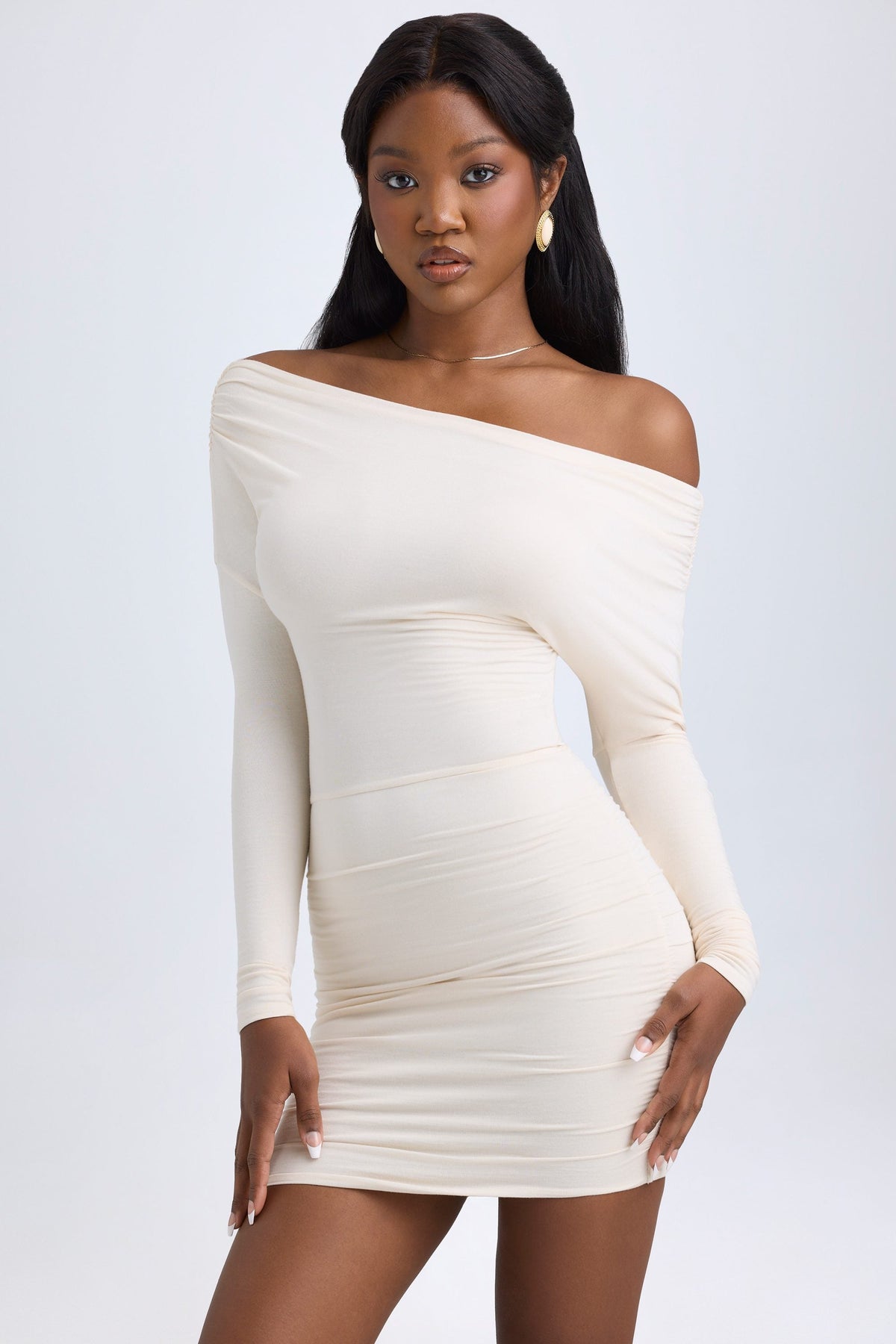 Belavie Else Modal Off-Shoulder Ruched Mini Dress in Ivory