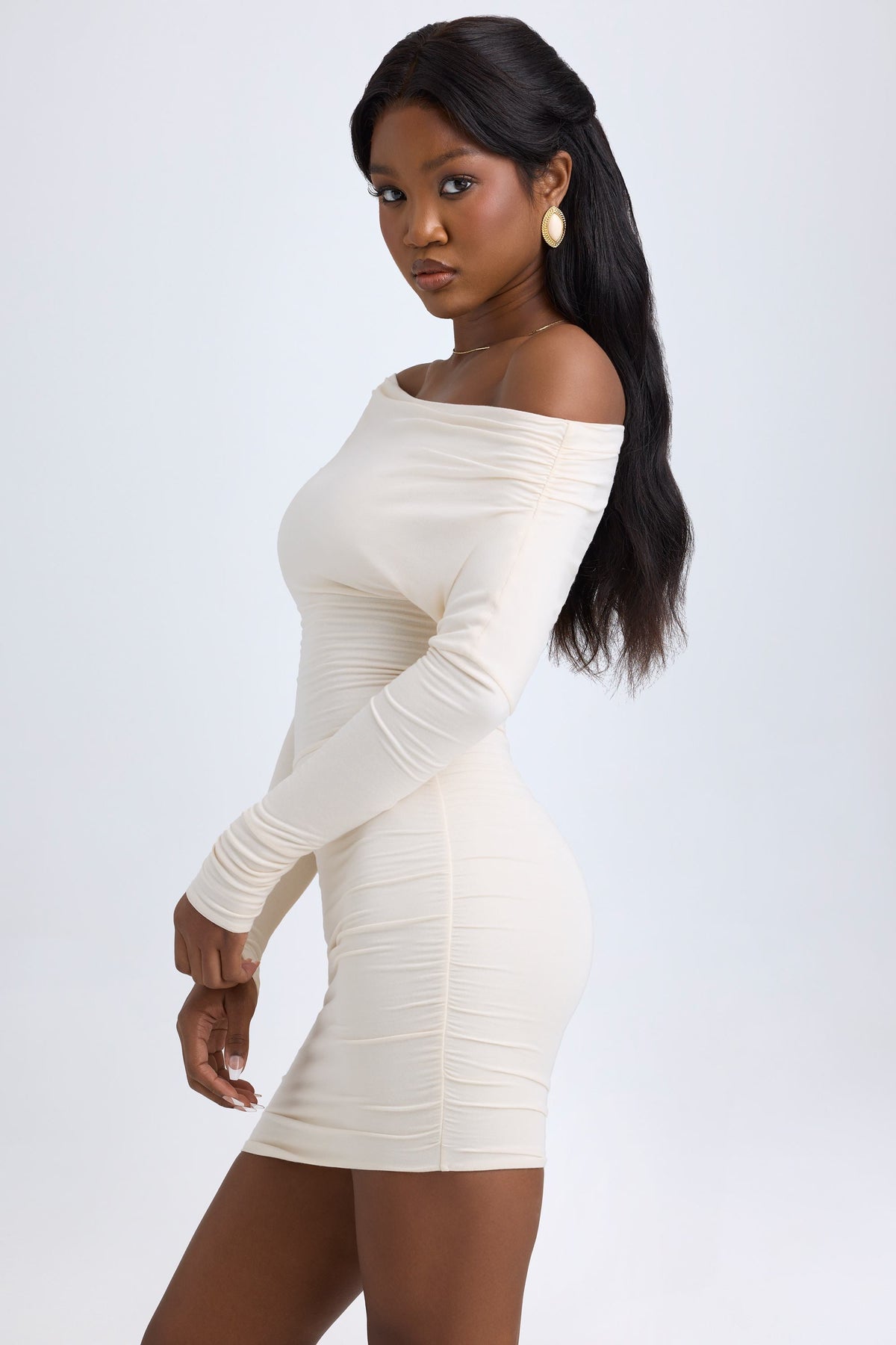 Belavie Else Modal Off-Shoulder Ruched Mini Dress in Ivory