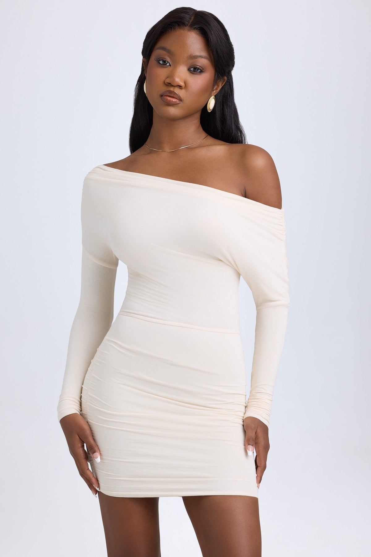 Belavie Else Modal Off-Shoulder Ruched Mini Dress in Ivory