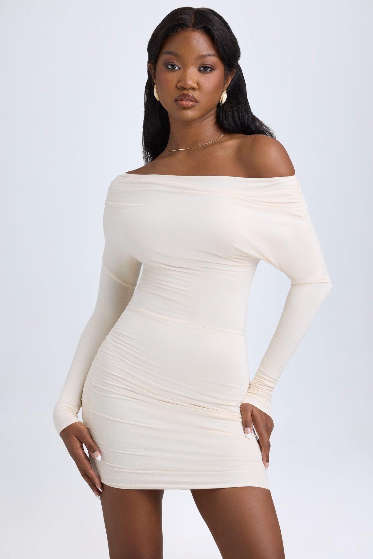 Belavie Else Modal Off-Shoulder Ruched Mini Dress in Ivory