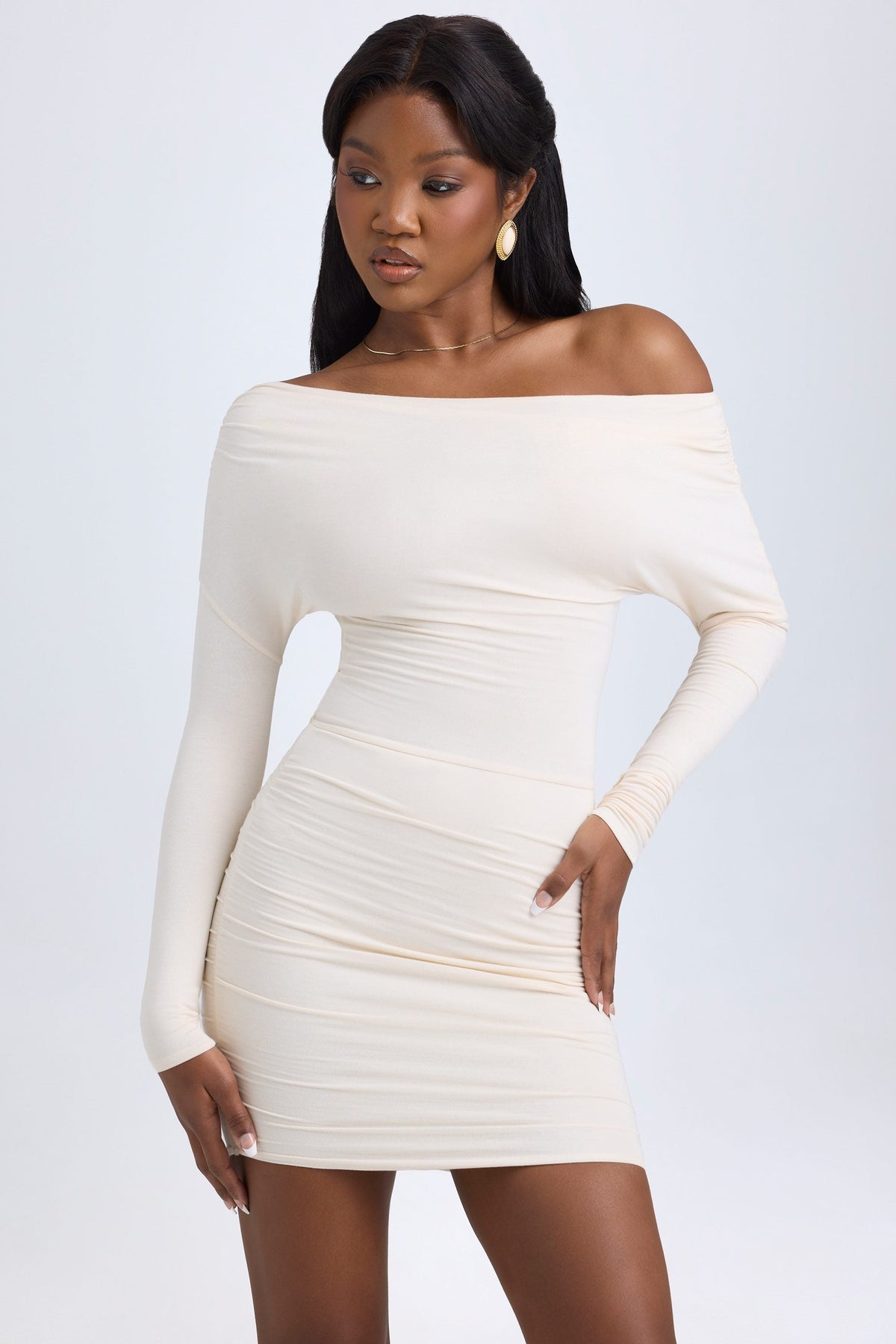 Belavie Else Modal Off-Shoulder Ruched Mini Dress in Ivory