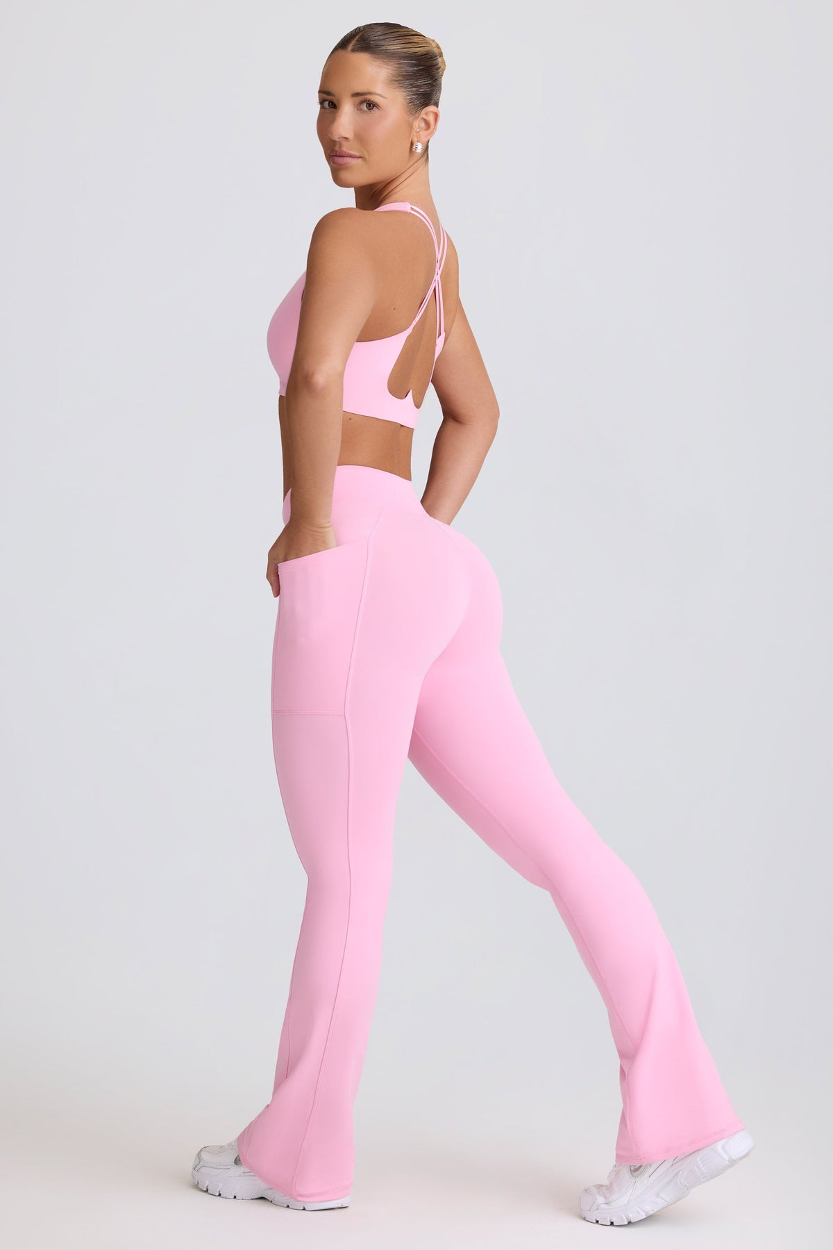 Belavie Soft Active V-Waist Pocket Flared Leggings in Baby Pink