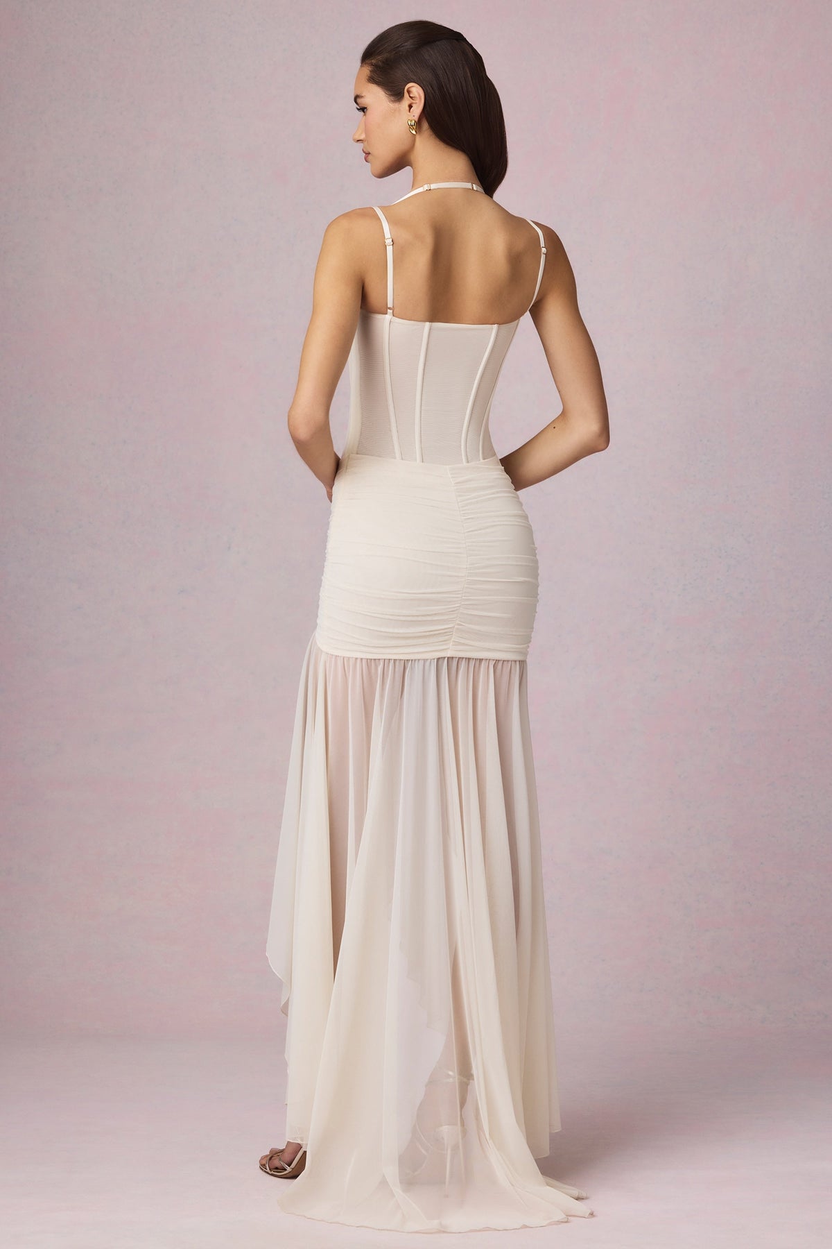 Belavie Harune Ruched Asymmetric Corset Gown in Ivory