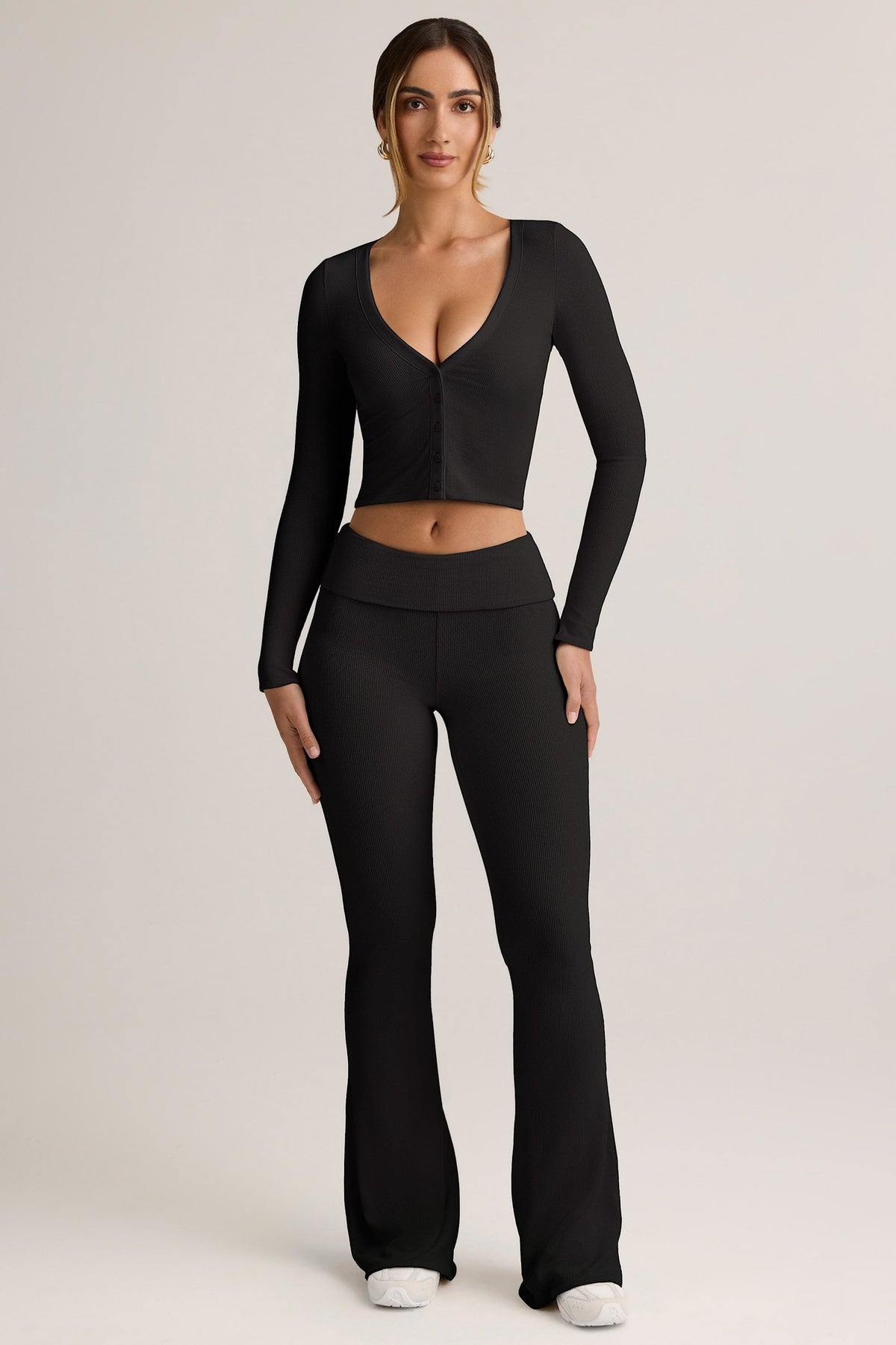 Belavie Julas Modal Ribbed Foldover Flared Trousers in Black