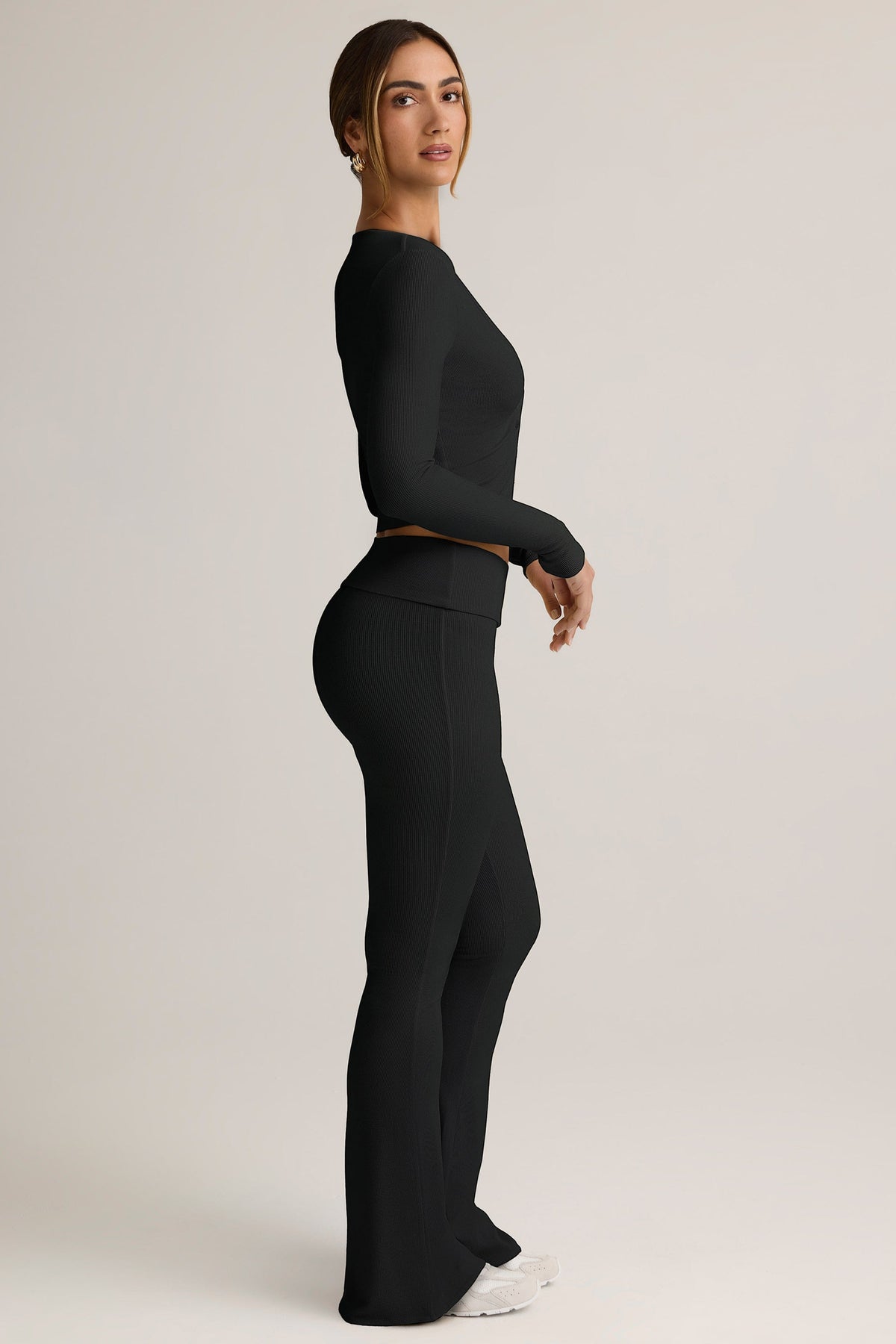 Belavie Julas Modal Ribbed Foldover Flared Trousers in Black