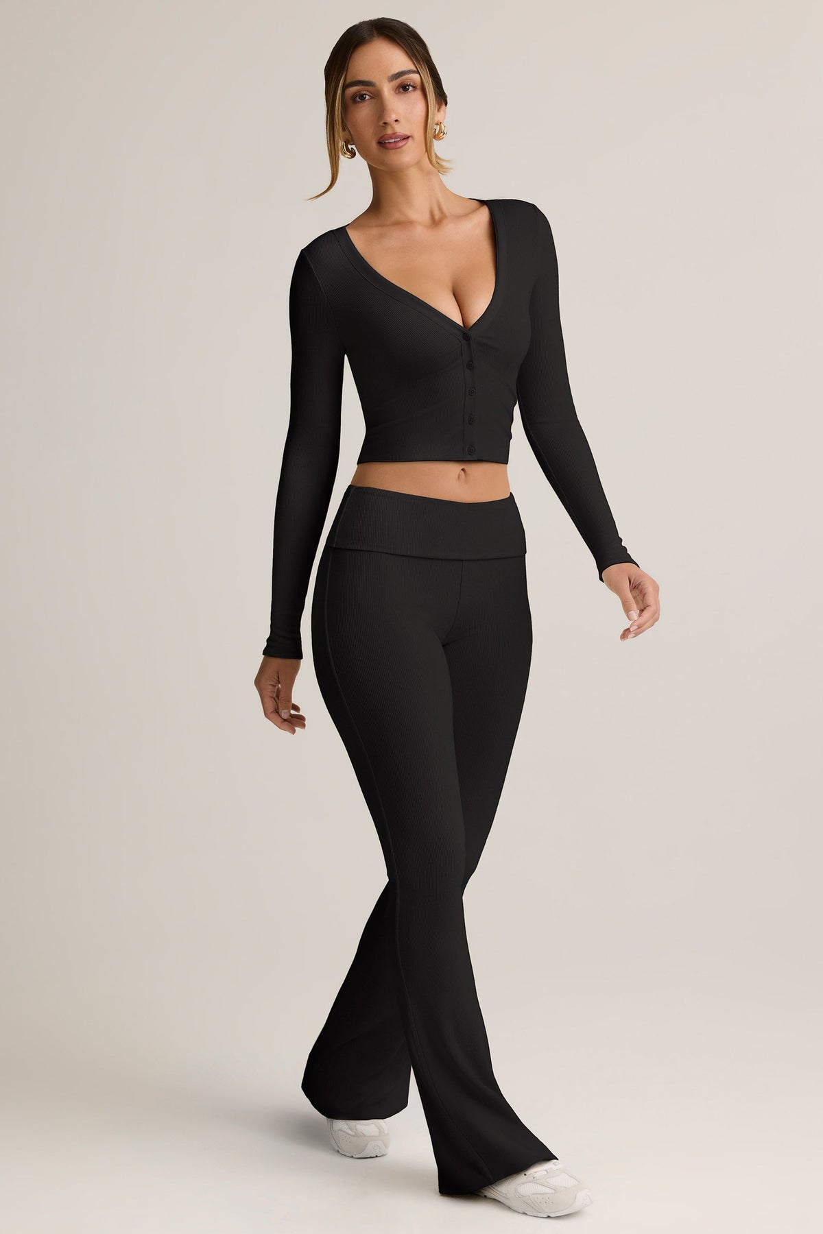 Belavie Julas Modal Ribbed Foldover Flared Trousers in Black