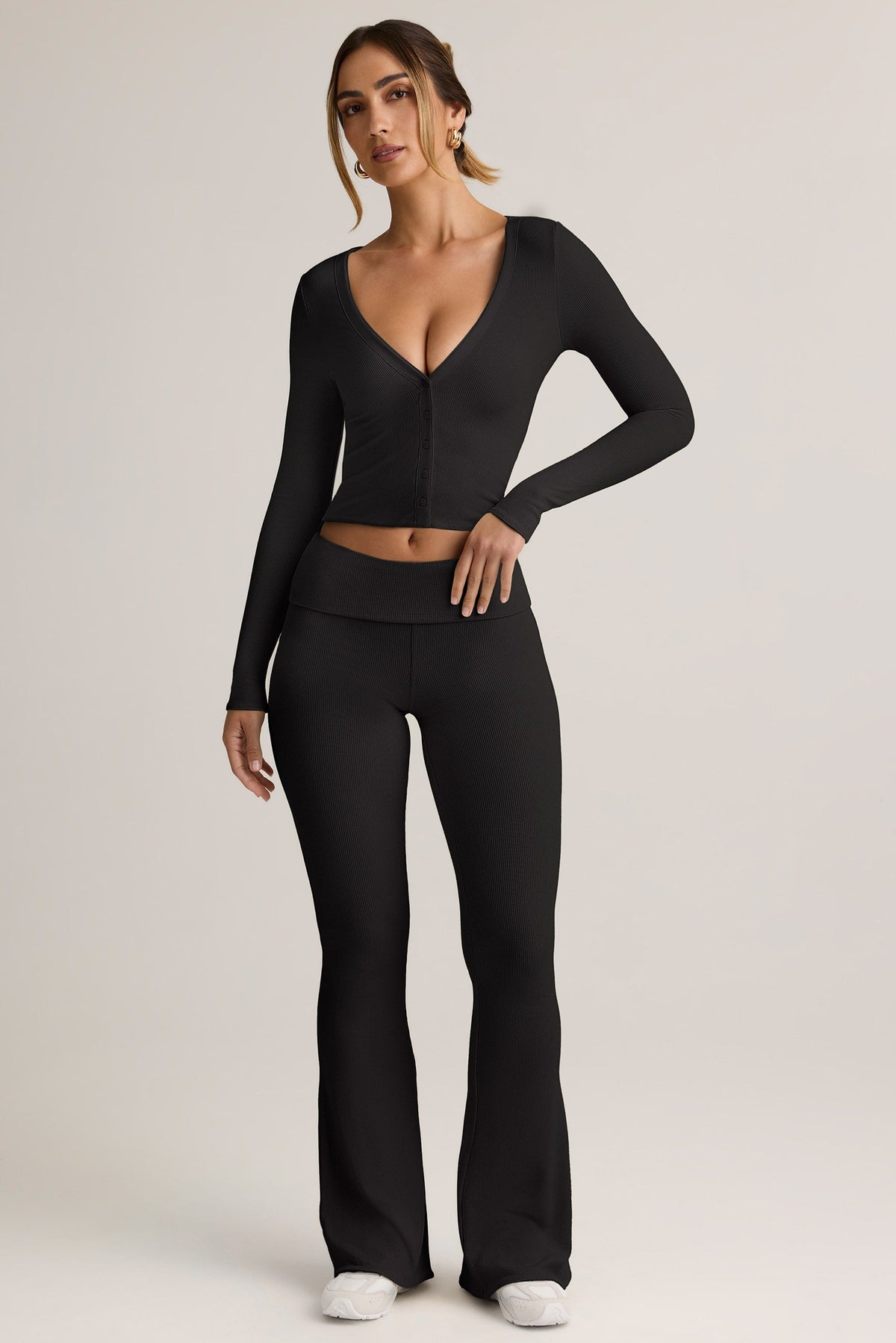 Belavie Julas Modal Ribbed Foldover Flared Trousers in Black