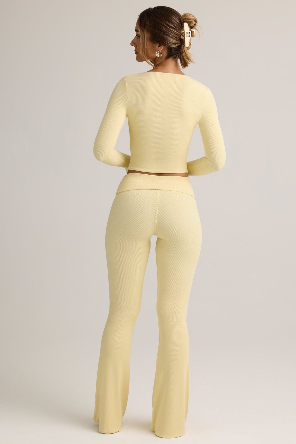 Belavie Julas Modal Ribbed Foldover Flared Trousers in Buttercream Yellow