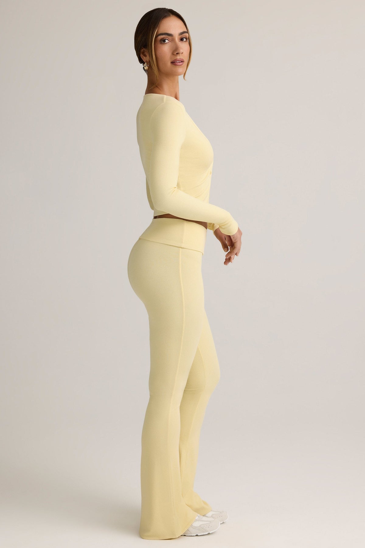 Belavie Julas Modal Ribbed Foldover Flared Trousers in Buttercream Yellow