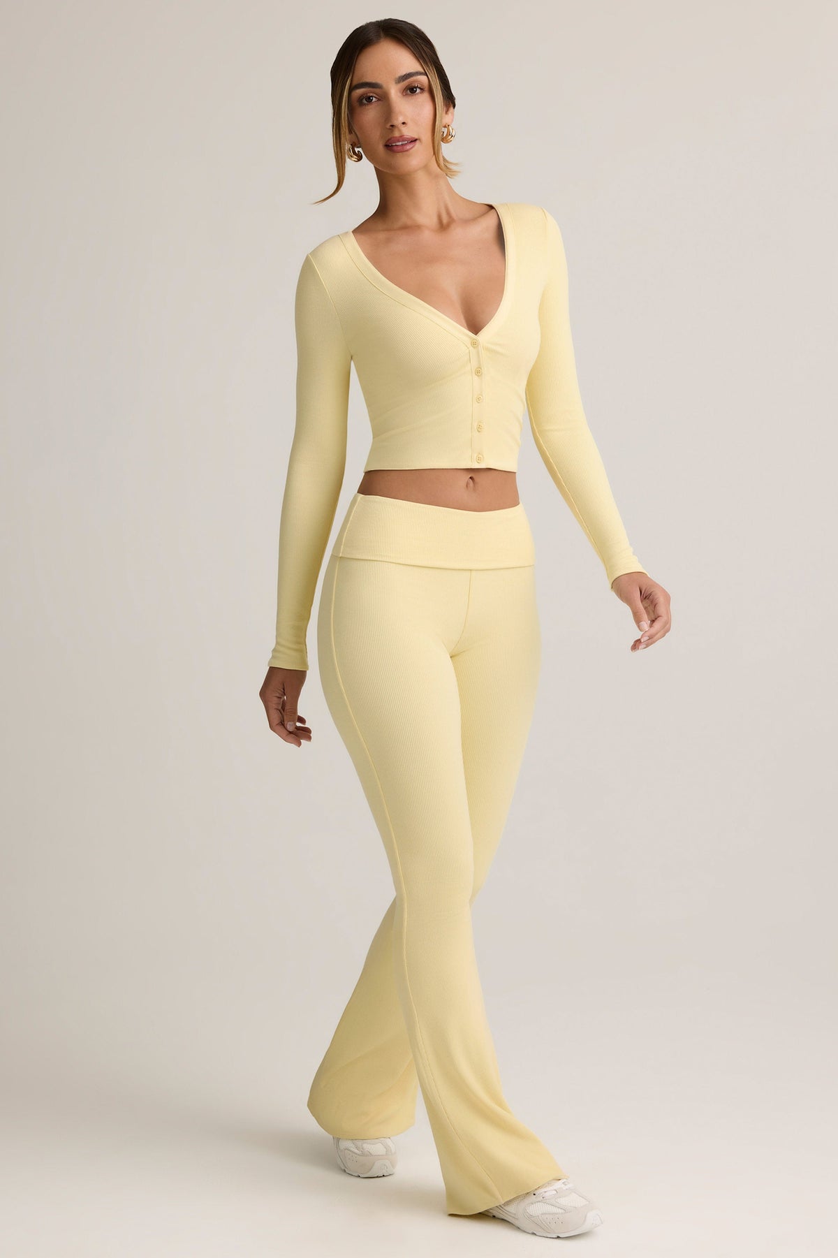 Belavie Julas Modal Ribbed Foldover Flared Trousers in Buttercream Yellow
