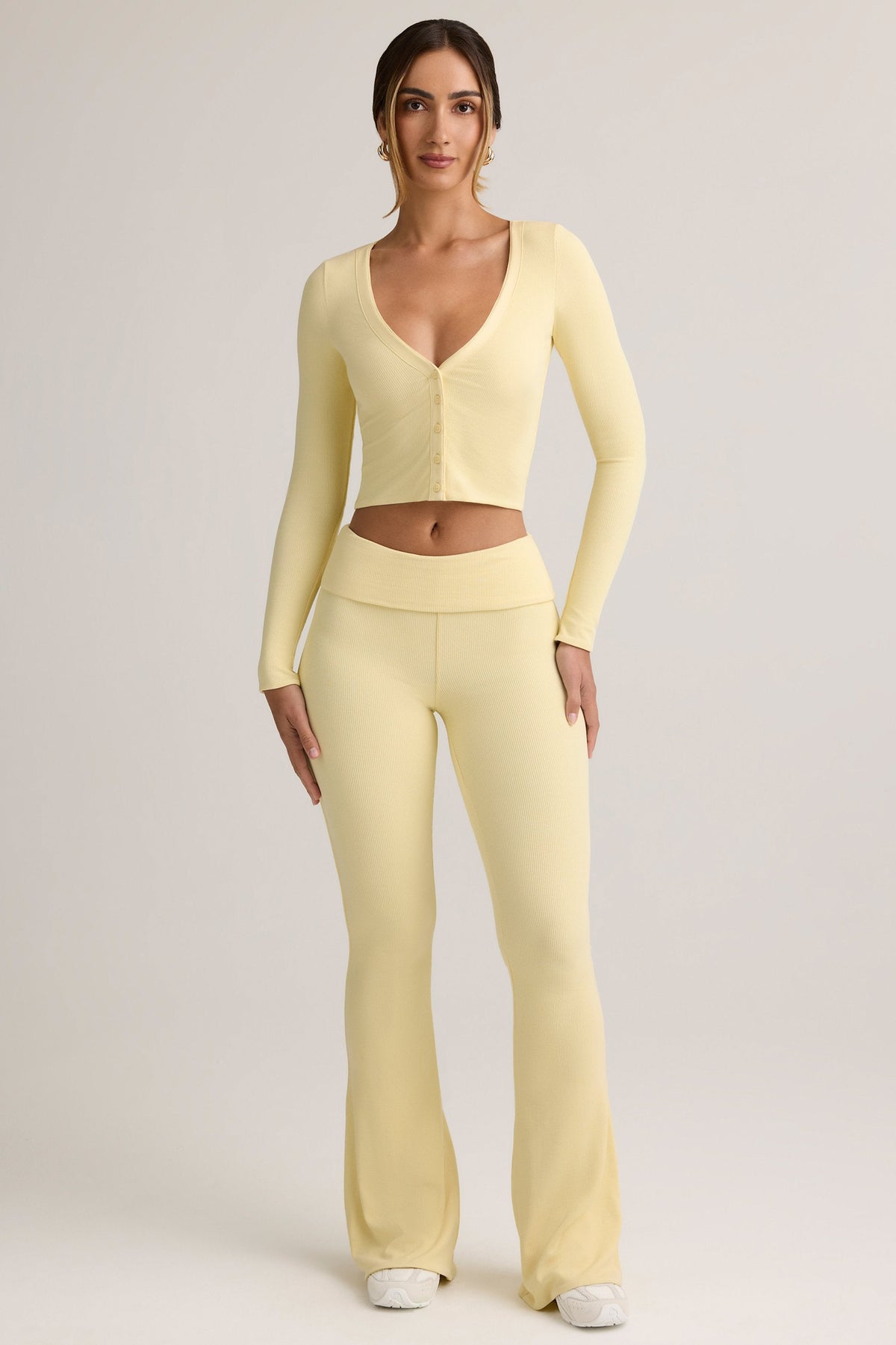 Belavie Julas Modal Ribbed Foldover Flared Trousers in Buttercream Yellow
