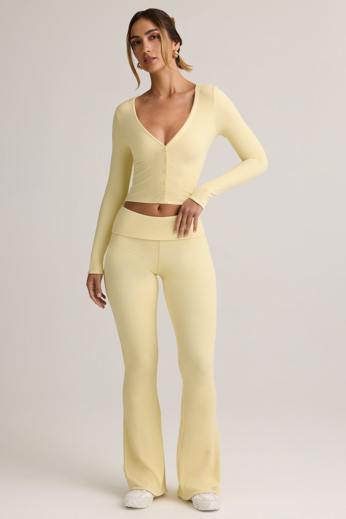 Belavie Julas Modal Ribbed Foldover Flared Trousers in Buttercream Yellow