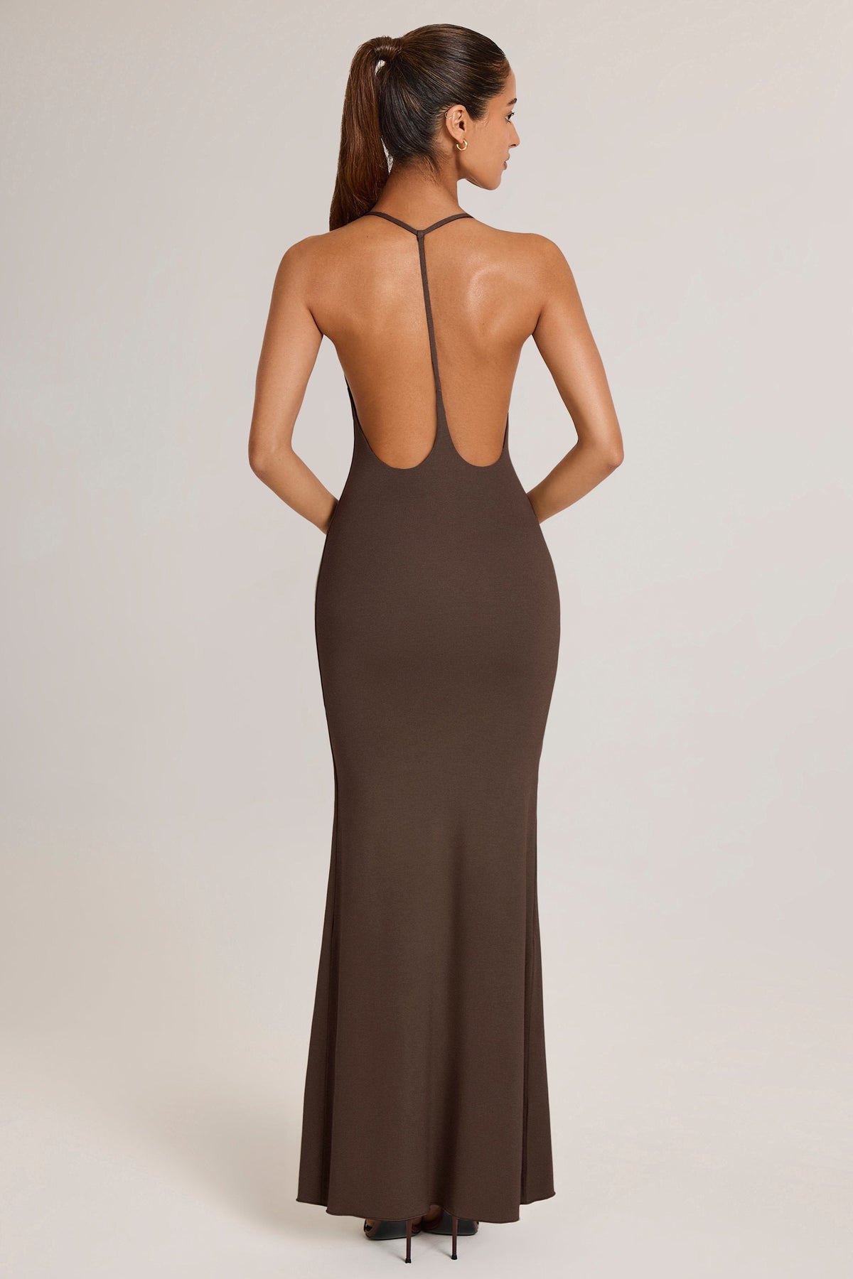 Belavie Leira Modal Plunge Backless Maxi Dress in Chocolate Brown