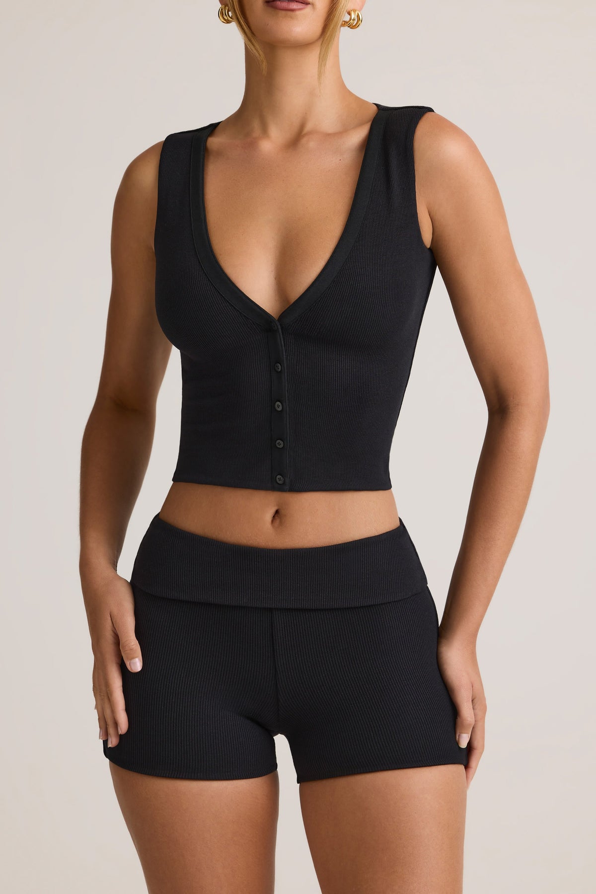 Belavie Lena Modal Ribbed Button-Up Vest Top in Black