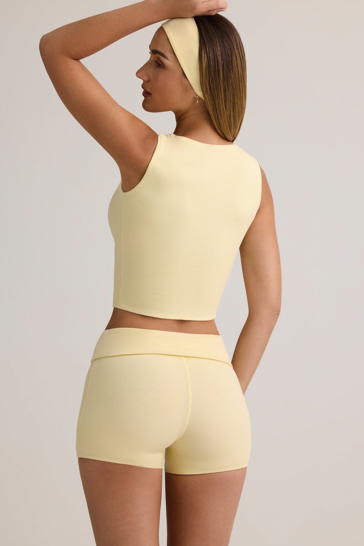 Belavie Modal Ribbed Mid-Rise Foldover Shorts in Buttercream Yellow