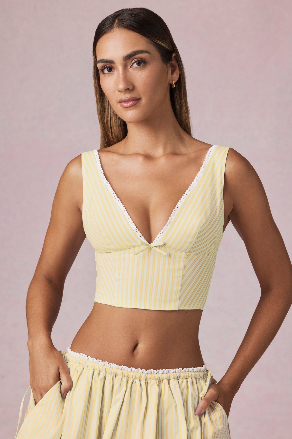 Belavie Magde Bow-Detail Crop Top in Lemon Yellow Stripe