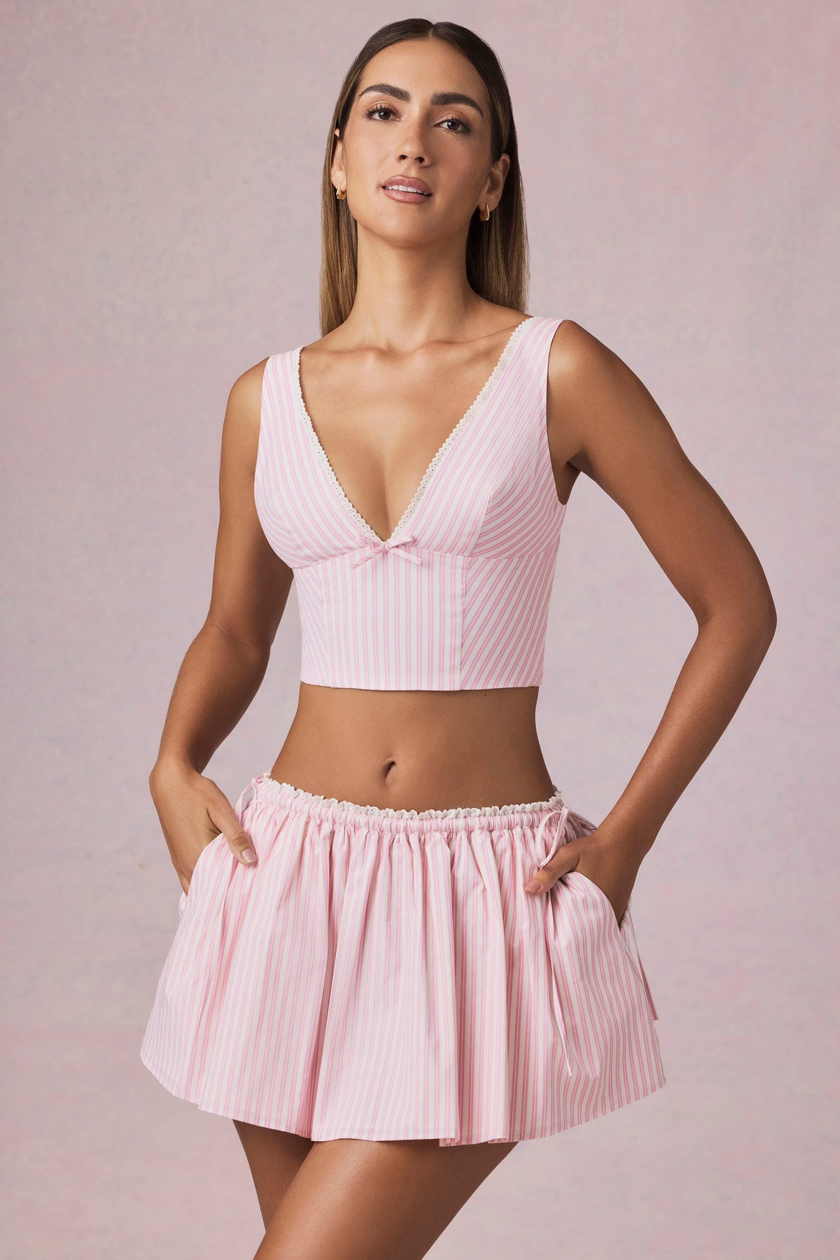 Belavie Maire Ruched Drawstring Mini Skirt in Soft Mauve Stripe