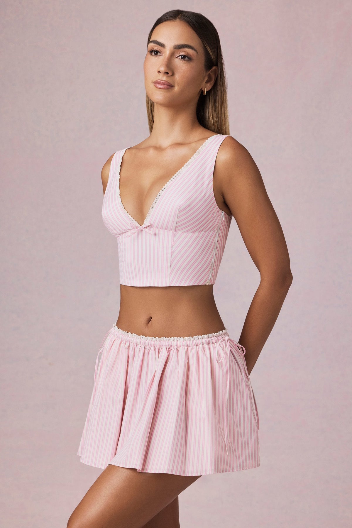 Belavie Maire Ruched Drawstring Mini Skirt in Soft Mauve Stripe