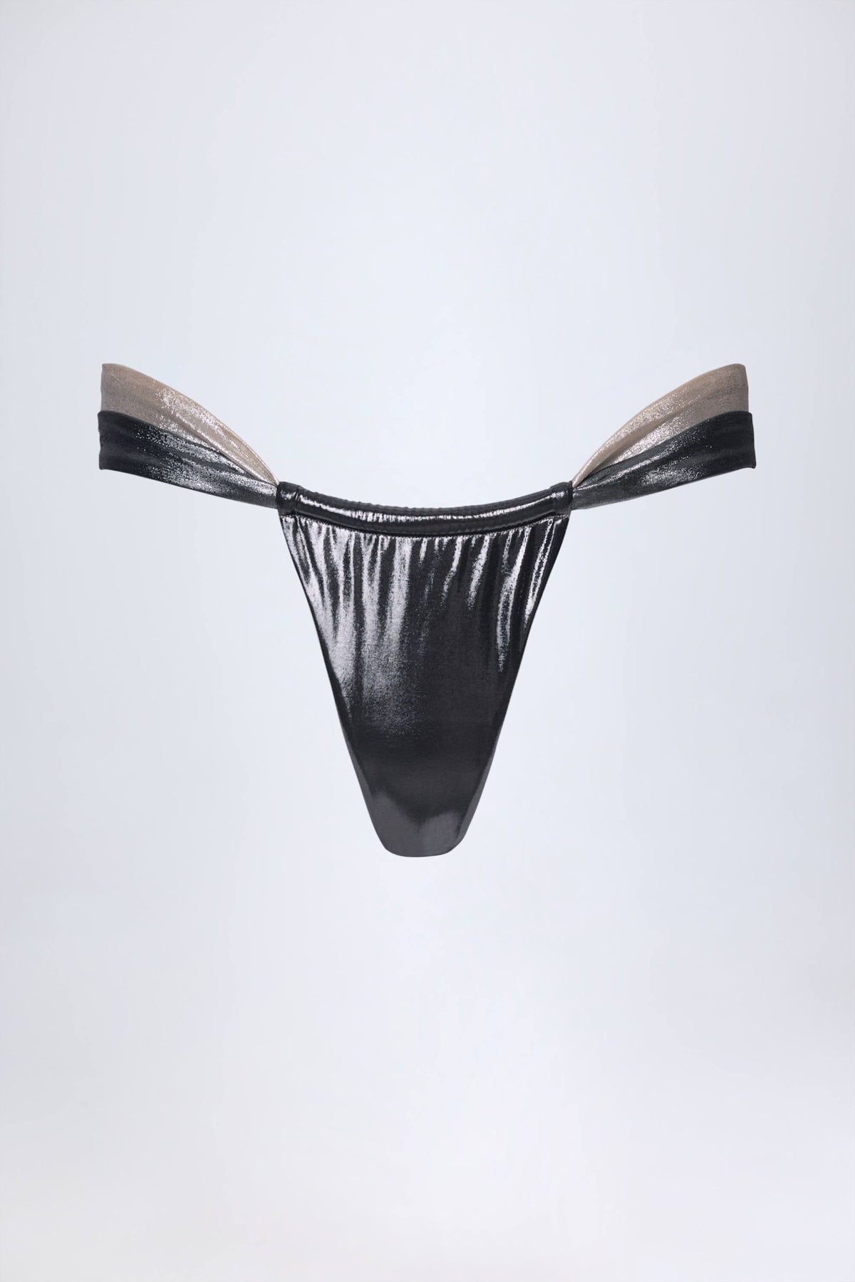 Belavie Marave Ruched Thong Bikini Bottoms in Silver Chrome