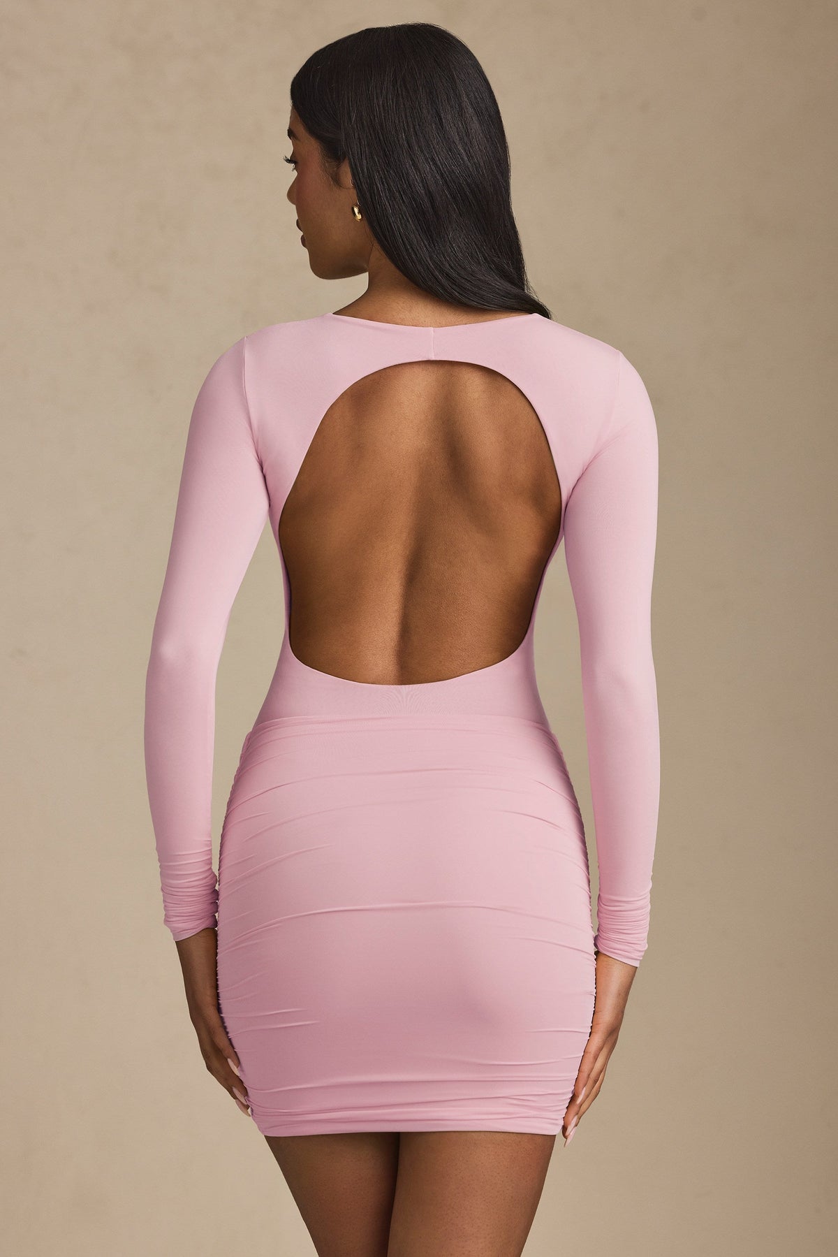 Belavie Mire Modal Twist-Front Ruched Backless Mini Dress in Soft Pink